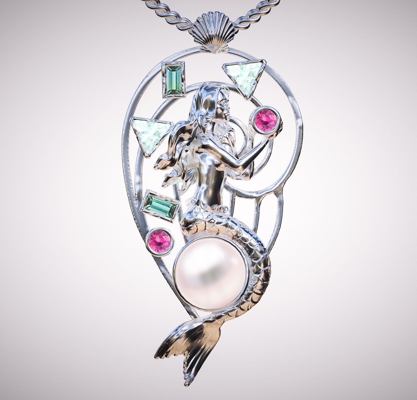 RESERVED Silver, Pearl, Tourmaline, and Citrine Mermaid Necklace