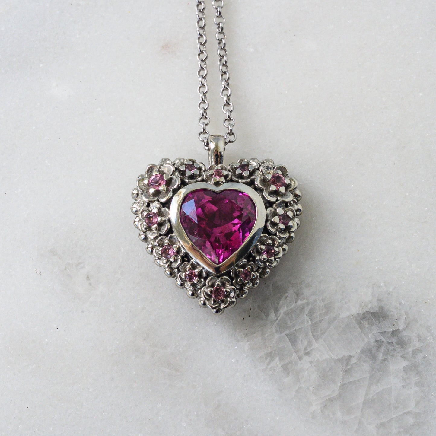 RESERVED 10K White Gold Pink Sapphire and Tourmaline Heart Pendant