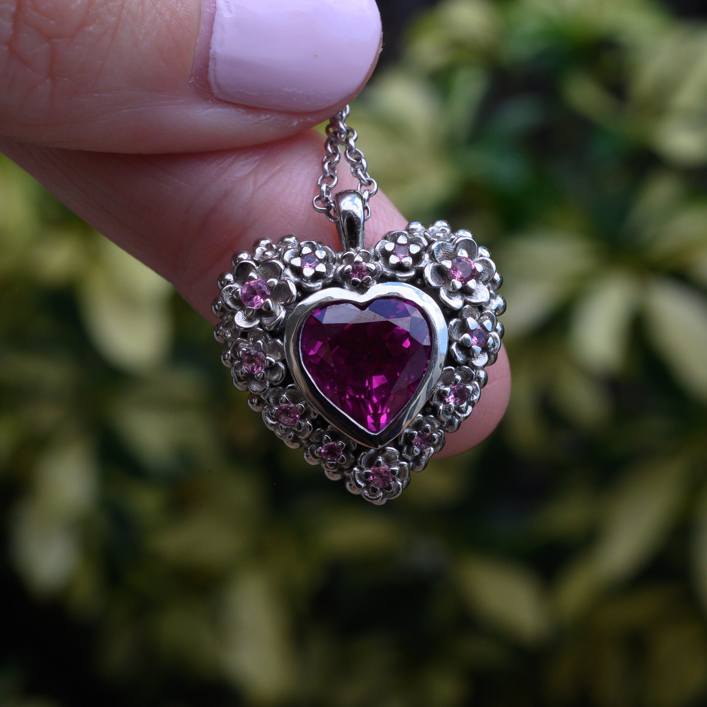 RESERVED 10K White Gold Pink Sapphire and Tourmaline Heart Pendant