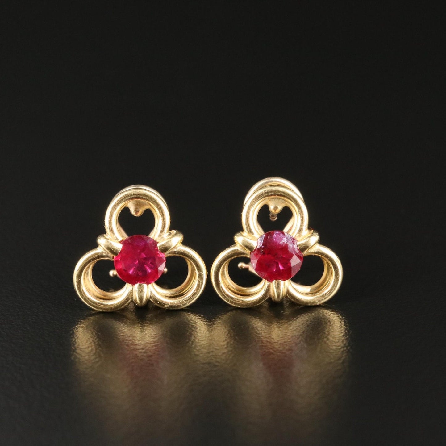 Estate Sale, Natural Ruby Trefoil Earrings in 14K Gold