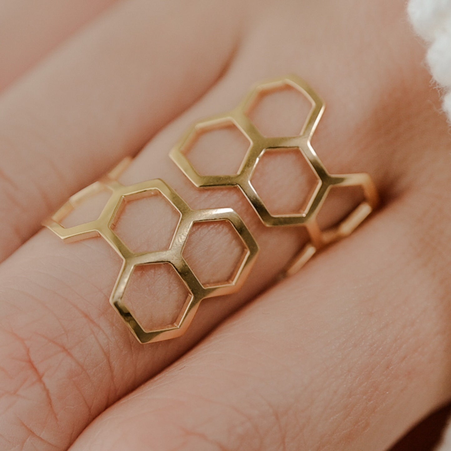 Hexagon Honey Comb Ring Adjustable Ring in Sterling Silver or 14K Gold Plate