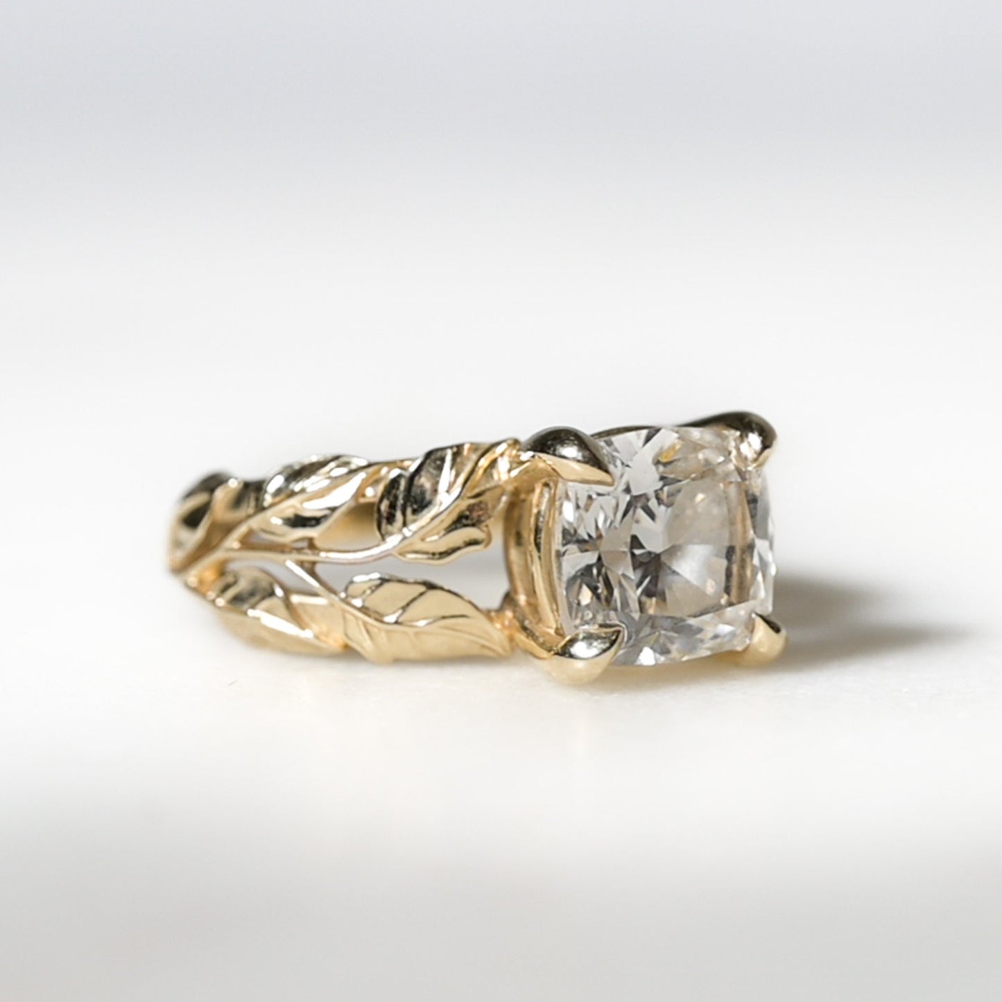 Cushion Cut Diamond Nature Inspired Engagement Band with Ornate Leaves. 2ct Diamond,IGI lg500166967 7.43x 6.9 x 4.86mm VS1 H, Size 4.75