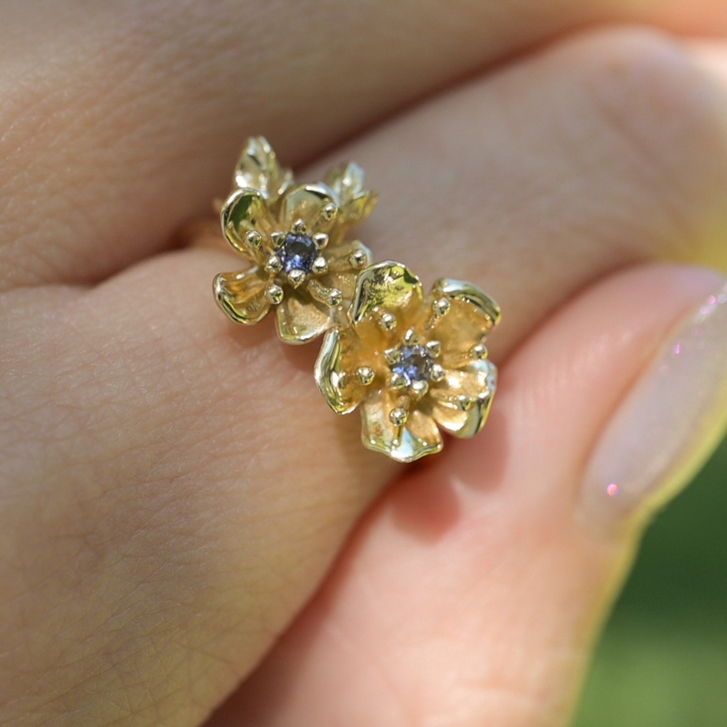 Cherry Blossom Ring in Solid 14k Gold with 2mm genuine blue sapphires Size 6