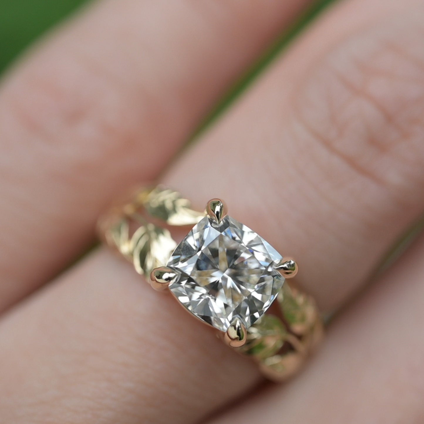 Cushion Cut Diamond Nature Inspired Engagement Band with Ornate Leaves. 2ct Diamond,IGI lg500166967 7.43x 6.9 x 4.86mm VS1 H, Size 4.75