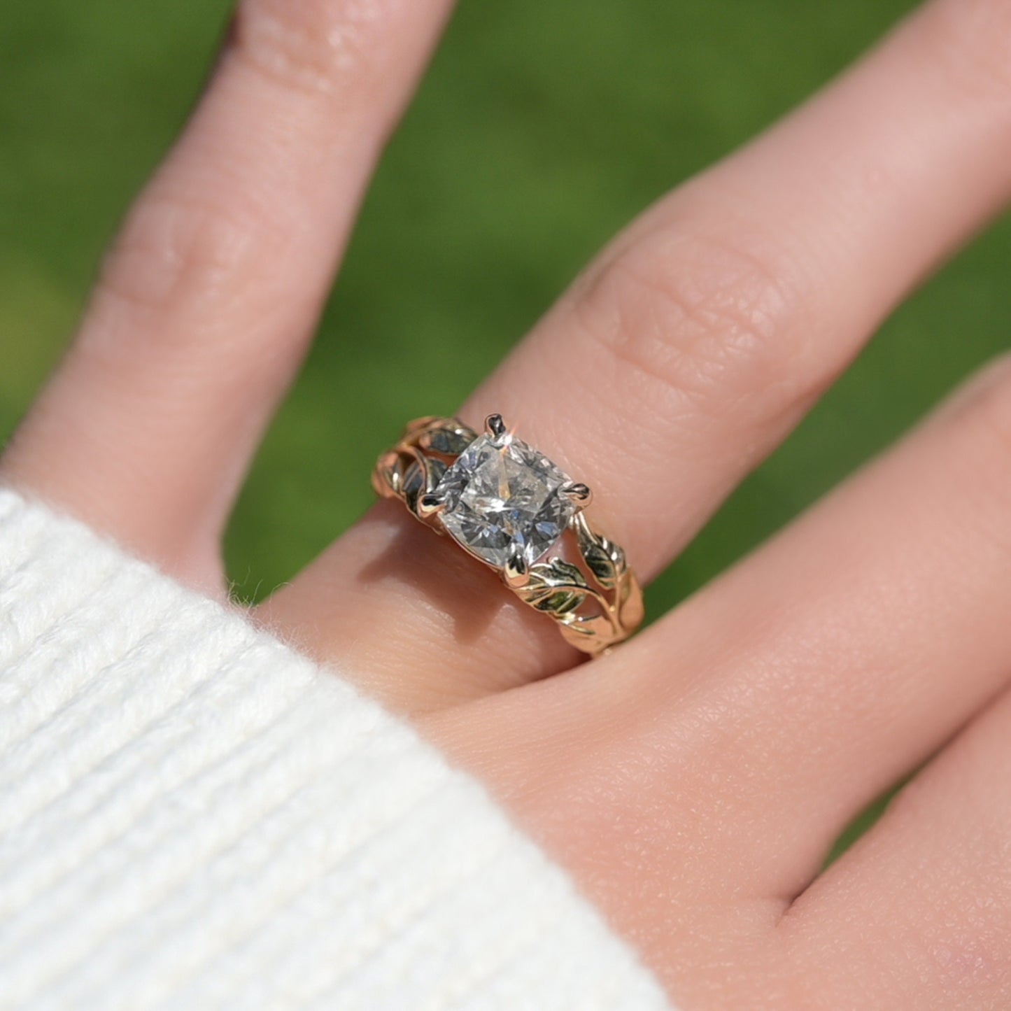 Cushion Cut Diamond Nature Inspired Engagement Band with Ornate Leaves. 2ct Diamond,IGI lg500166967 7.43x 6.9 x 4.86mm VS1 H, Size 4.75