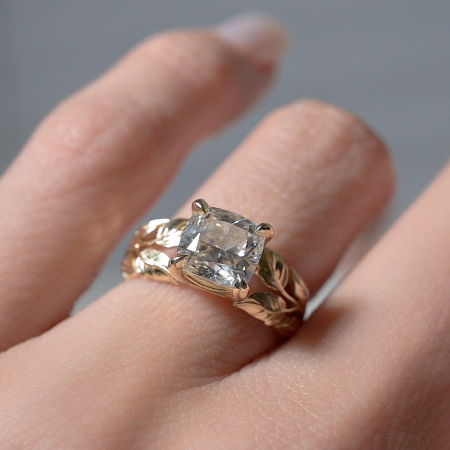 Cushion Cut Diamond Nature Inspired Engagement Band with Ornate Leaves. 2ct Diamond,IGI lg500166967 7.43x 6.9 x 4.86mm VS1 H, Size 4.75