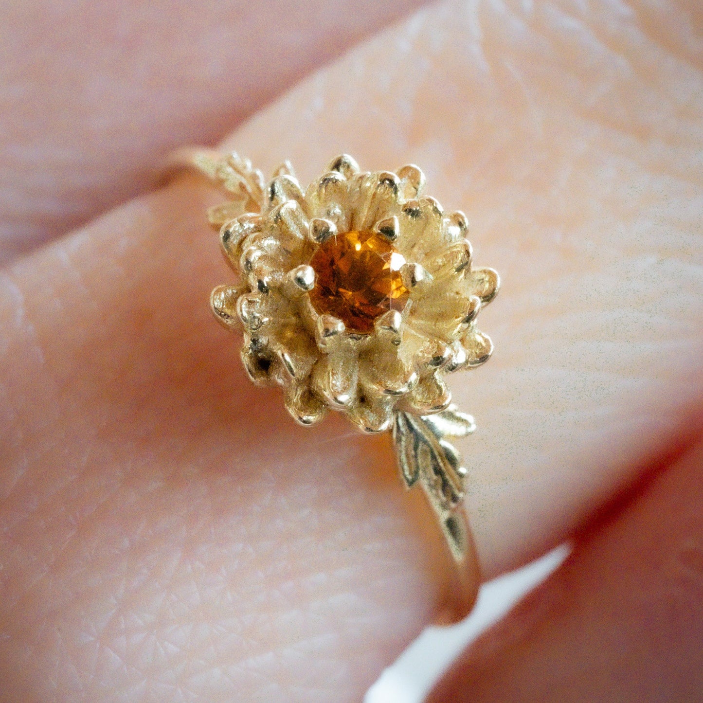 Chrysanthemum Flower November Birth Month Ring: Citrine Birthstone, 14k Solid Gold or Solid Silver • Hypoallergenic • Genuine Gemstones