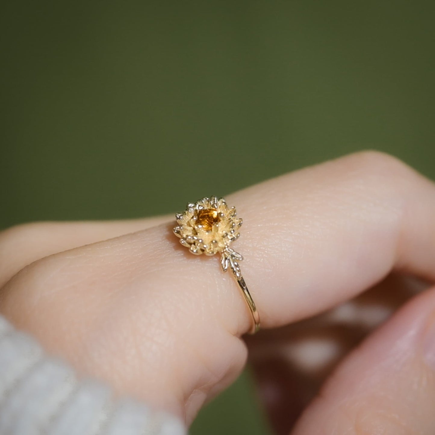 Chrysanthemum Flower November Birth Month Ring: Citrine Birthstone, 14k Solid Gold or Solid Silver • Hypoallergenic • Genuine Gemstones