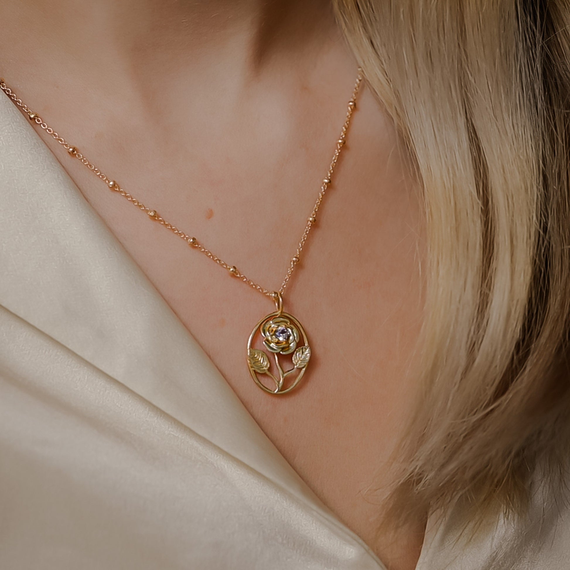Rose Flower Necklace - Personalized Jewelry - June Birth Month Flower Gift, 14K Gold Plate with a Beaded Gold Filled chain