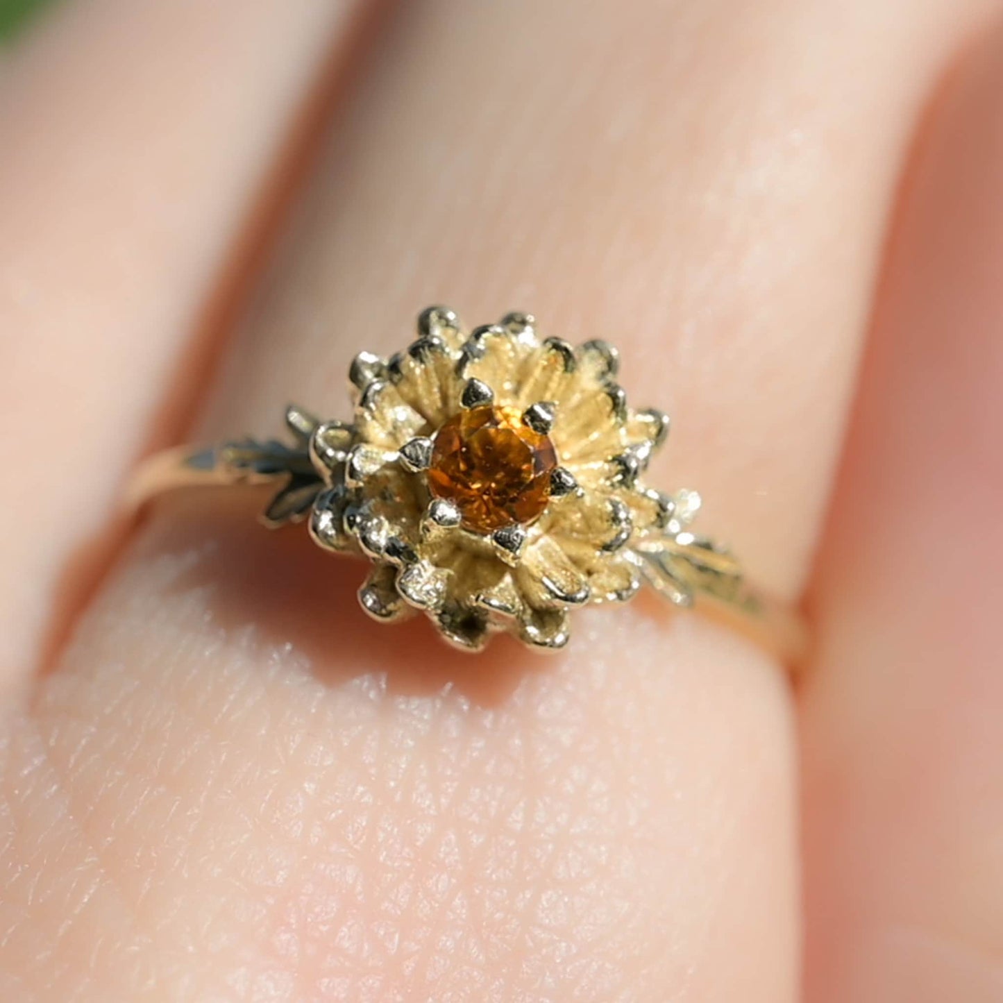 Chrysanthemum Flower November Birth Month Ring: Citrine Birthstone, 14k Solid Gold or Solid Silver • Hypoallergenic • Genuine Gemstones