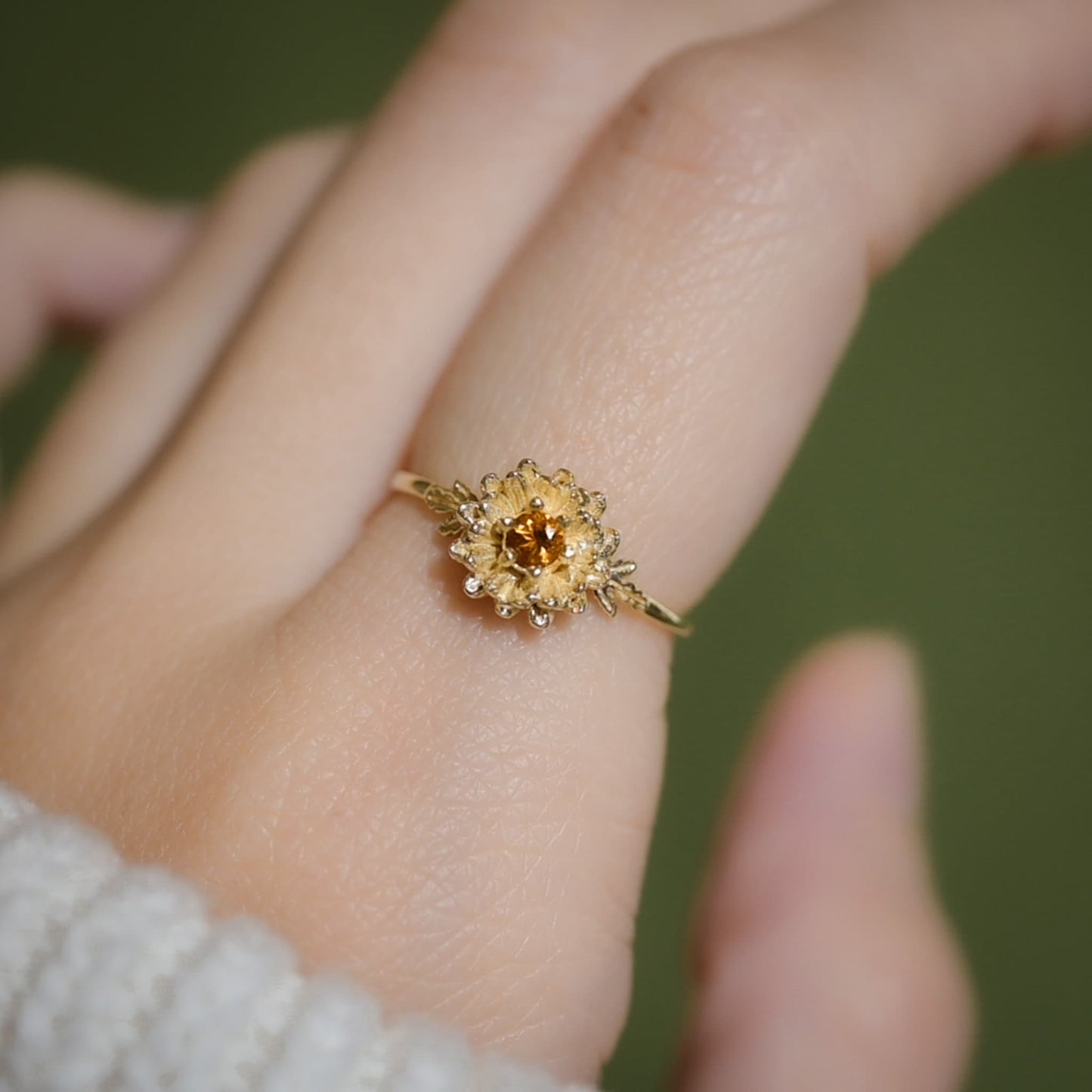 Chrysanthemum Flower November Birth Month Ring: Citrine Birthstone, 14k Solid Gold or Solid Silver • Hypoallergenic • Genuine Gemstones