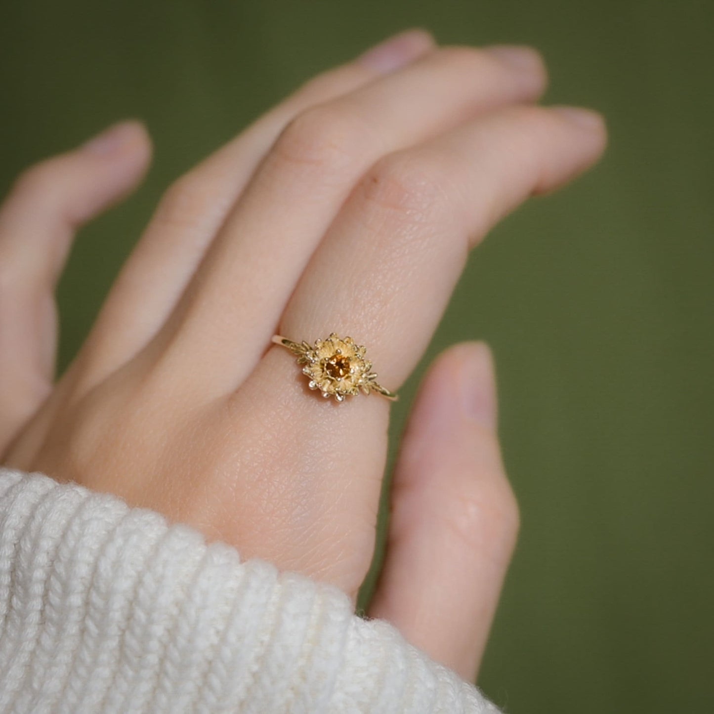 Chrysanthemum Flower November Birth Month Ring: Citrine Birthstone, 14k Solid Gold or Solid Silver • Hypoallergenic • Genuine Gemstones