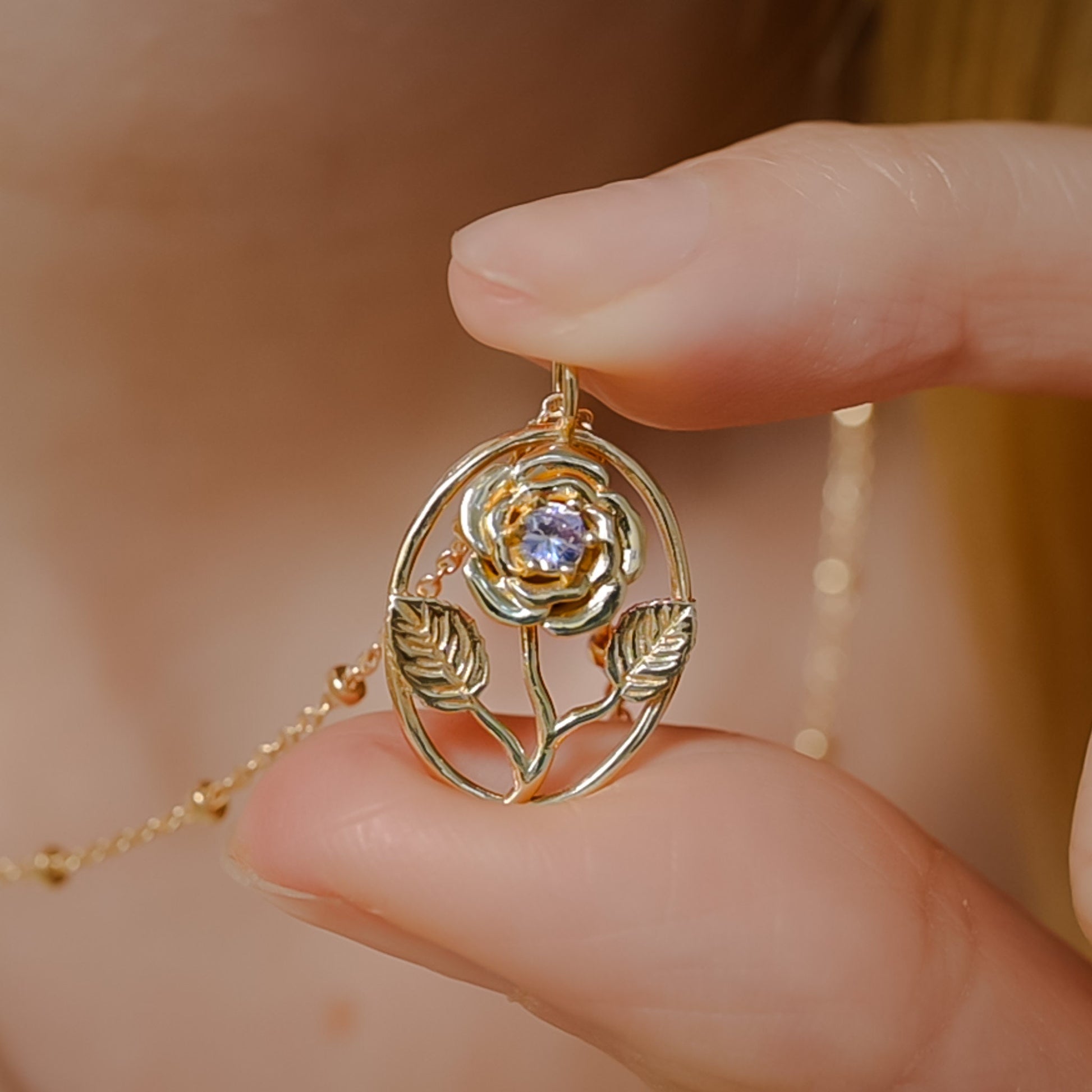 Rose Flower Necklace - Personalized Jewelry - June Birth Month Flower Gift, 14K Gold Plate with a Beaded Gold Filled chain