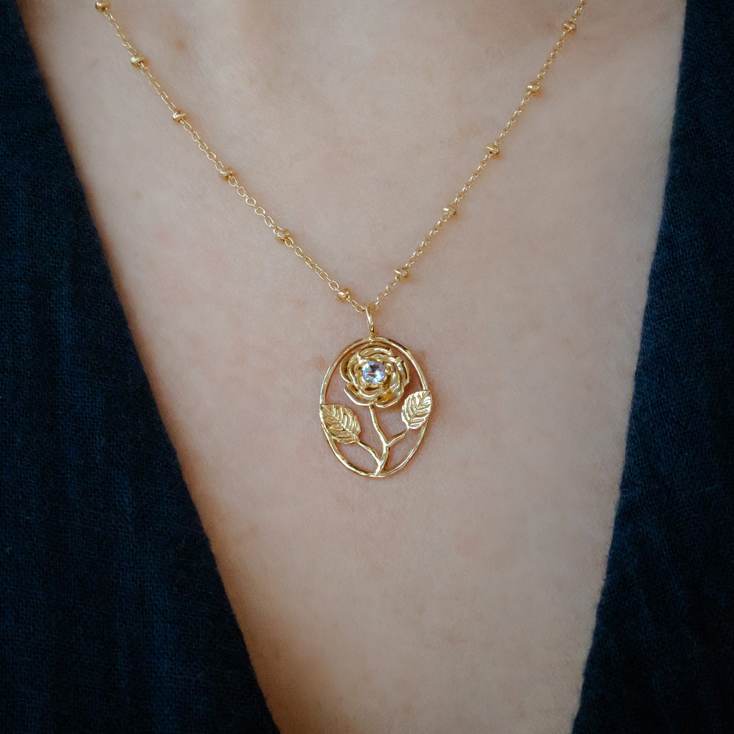 Rose Flower Necklace - Personalized Jewelry - June Birth Month Flower Gift, 14K Gold Plate with a Beaded Gold Filled chain