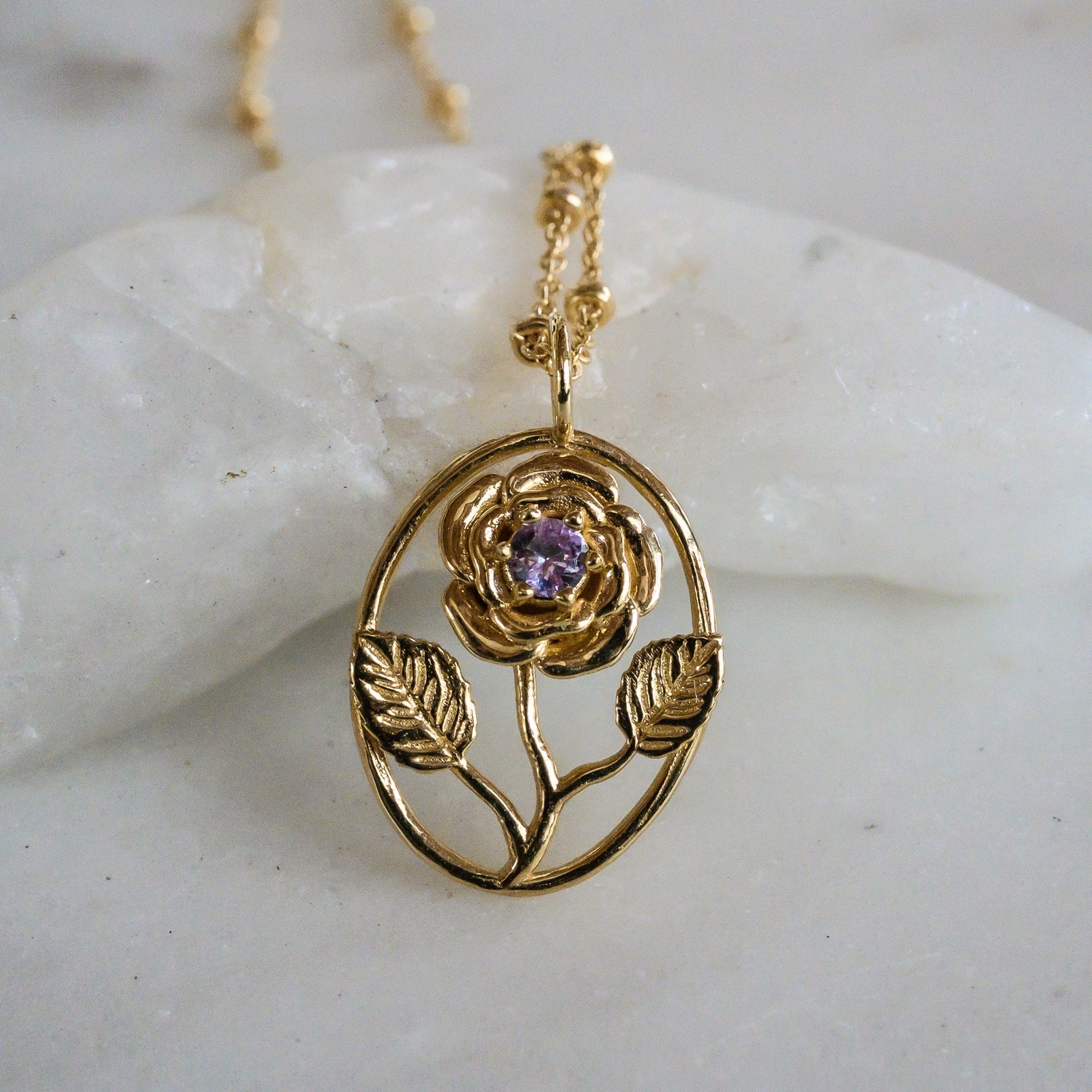 Rose Flower Necklace - Personalized Jewelry - June Birth Month Flower Gift, 14K Gold Plate with a Beaded Gold Filled chain