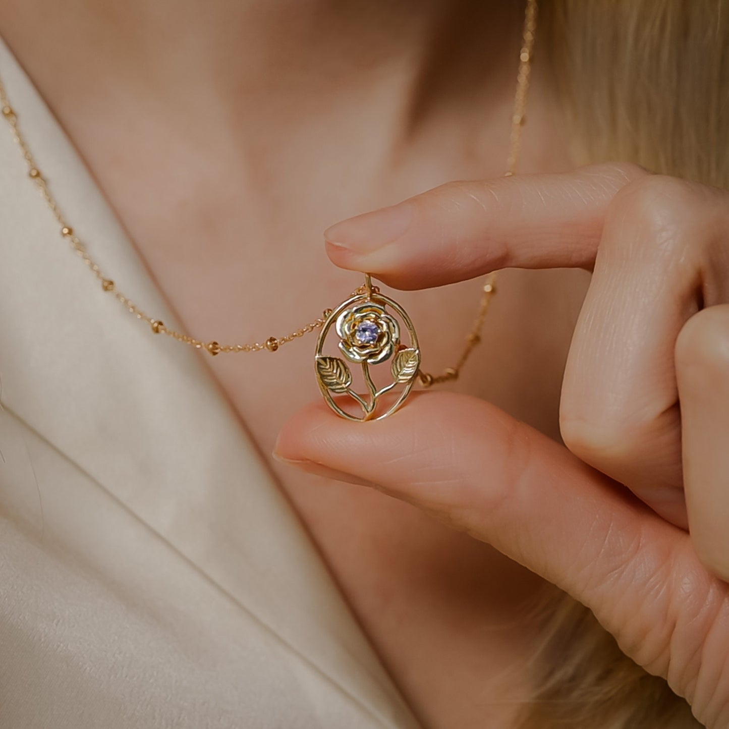 Rose Flower Necklace - Personalized Jewelry - June Birth Month Flower Gift, 14K Gold Plate with a Beaded Gold Filled chain