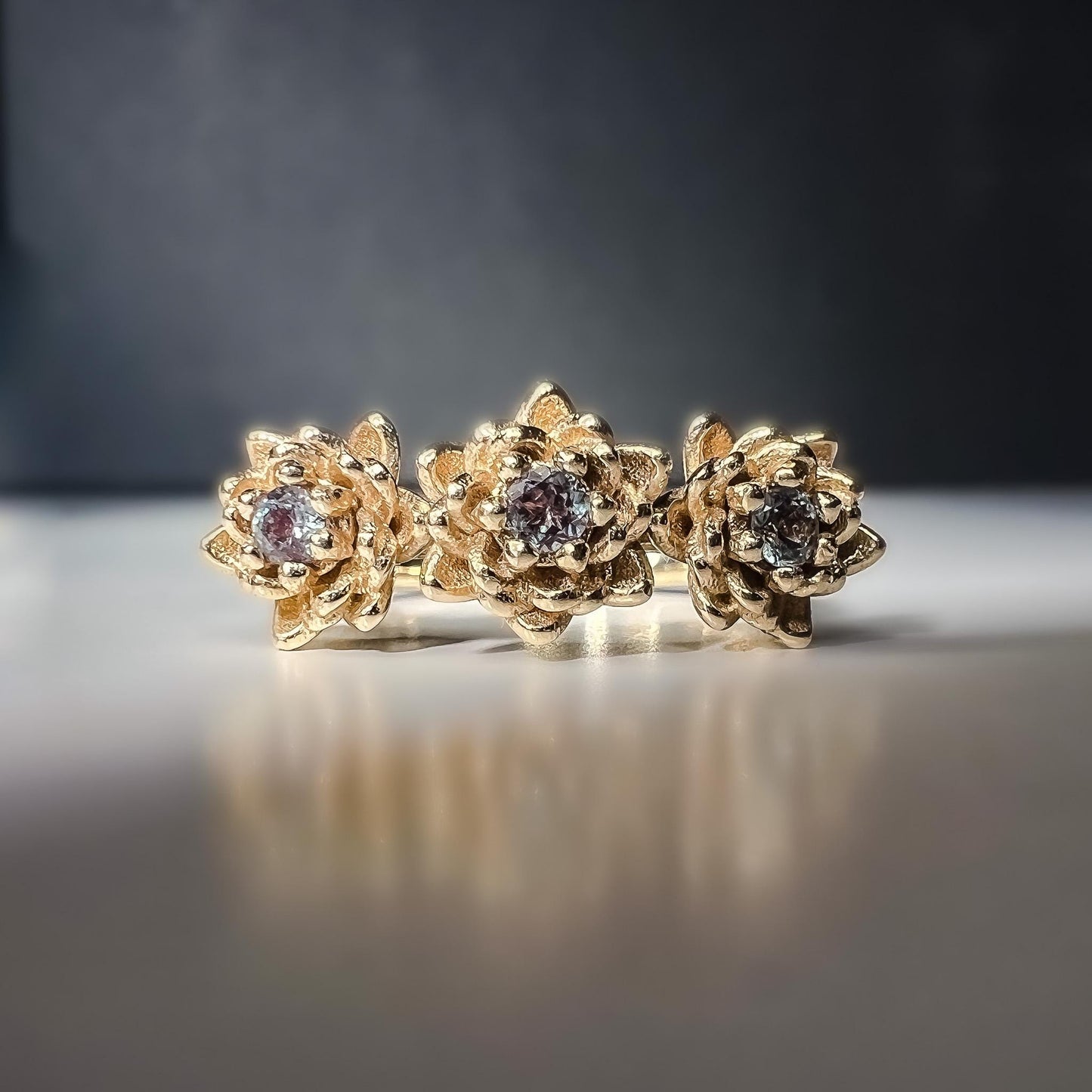 Water Lily or Lotus Flower three-stone Alexandrite Ring in Solid 14k Gold Size 6.25