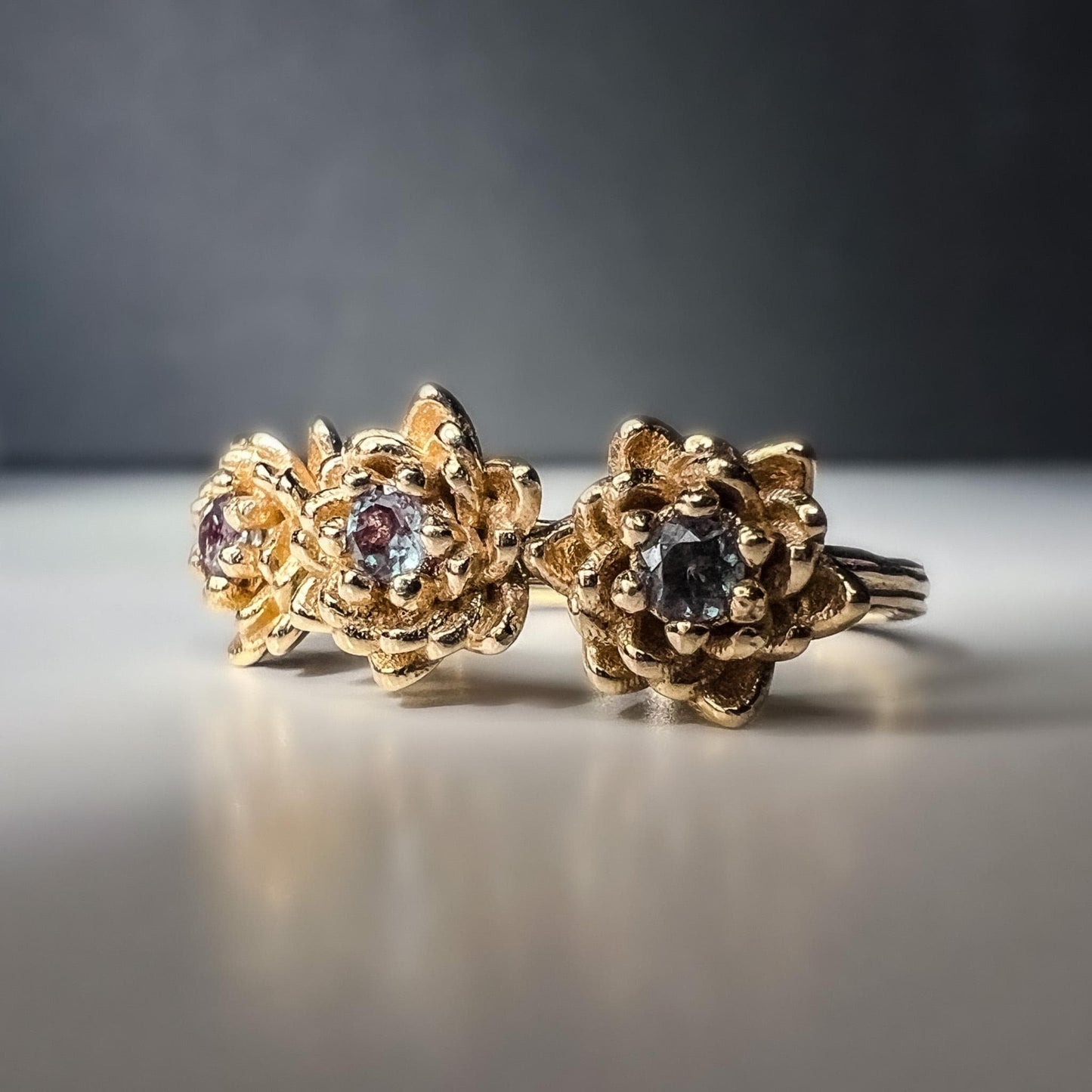 Water Lily or Lotus Flower three-stone Alexandrite Ring in Solid 14k Gold Size 6.25