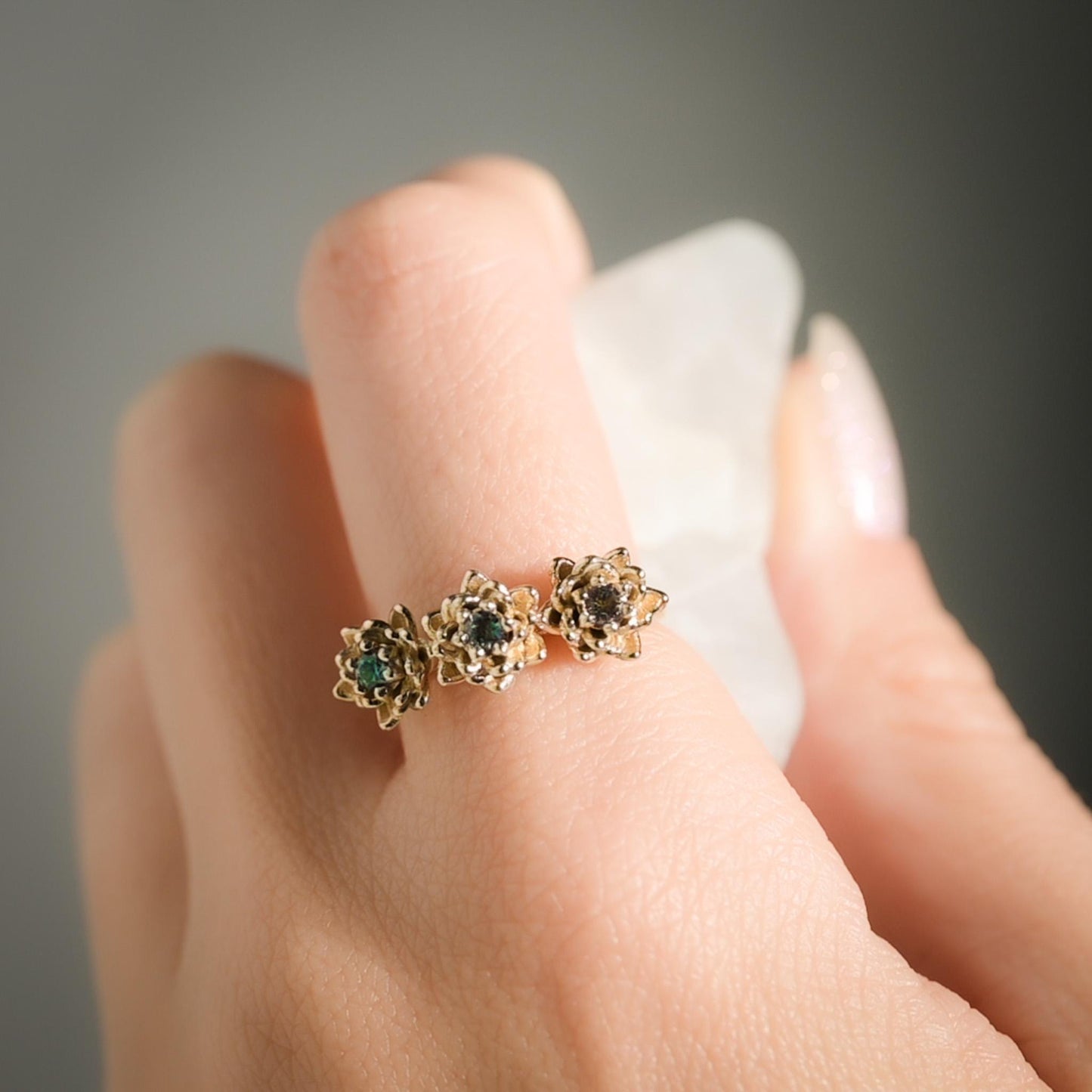 Water Lily or Lotus Flower three-stone Alexandrite Ring in Solid 14k Gold Size 6.25
