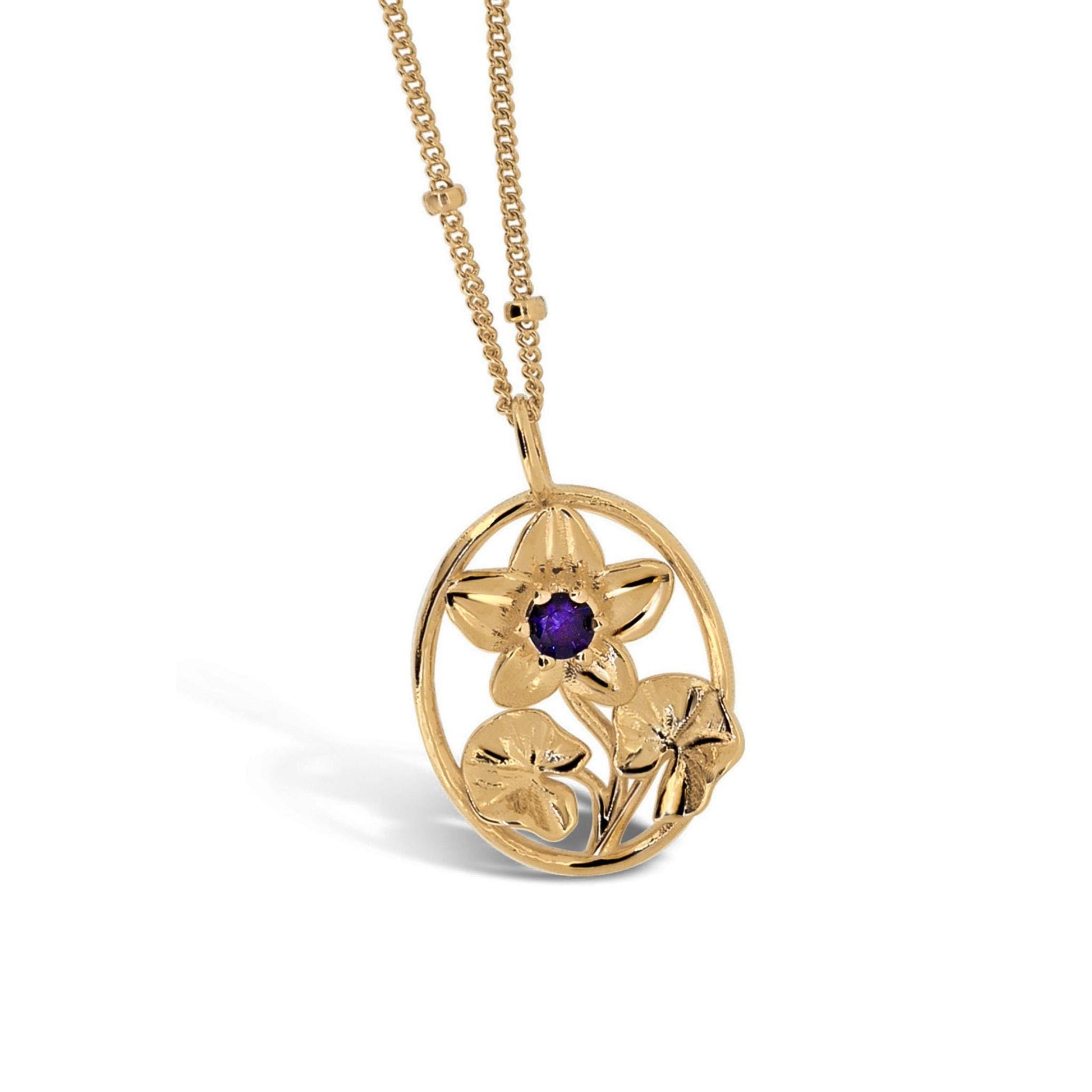 Violet Flower Necklace - 14K Gold Plate with a Beaded Gold Filled chain- Personalized Jewelry - February Birth Month Flower Gift,