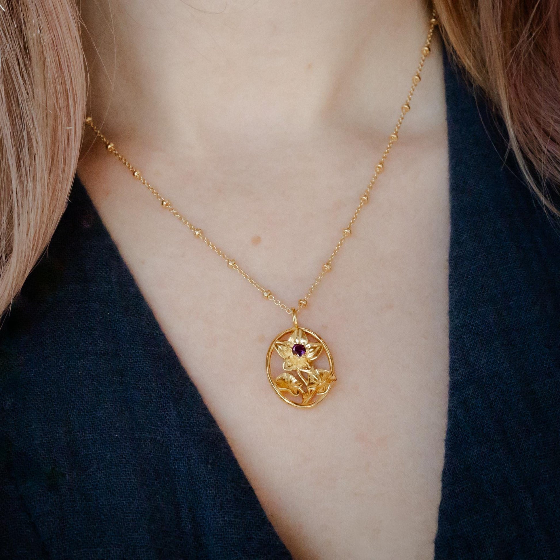 Violet Flower Necklace - 14K Gold Plate with a Beaded Gold Filled chain- Personalized Jewelry - February Birth Month Flower Gift,