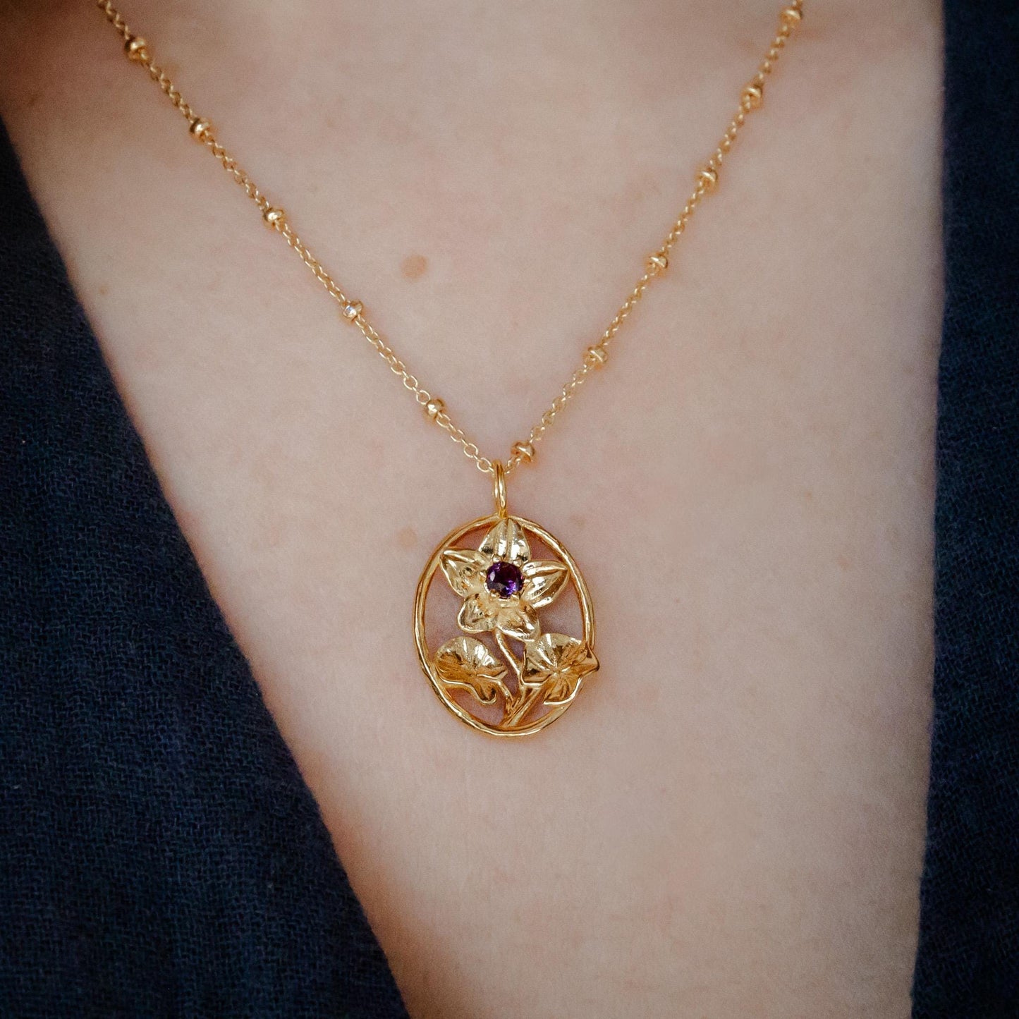 Violet Flower Necklace - 14K Gold Plate with a Beaded Gold Filled chain- Personalized Jewelry - February Birth Month Flower Gift,