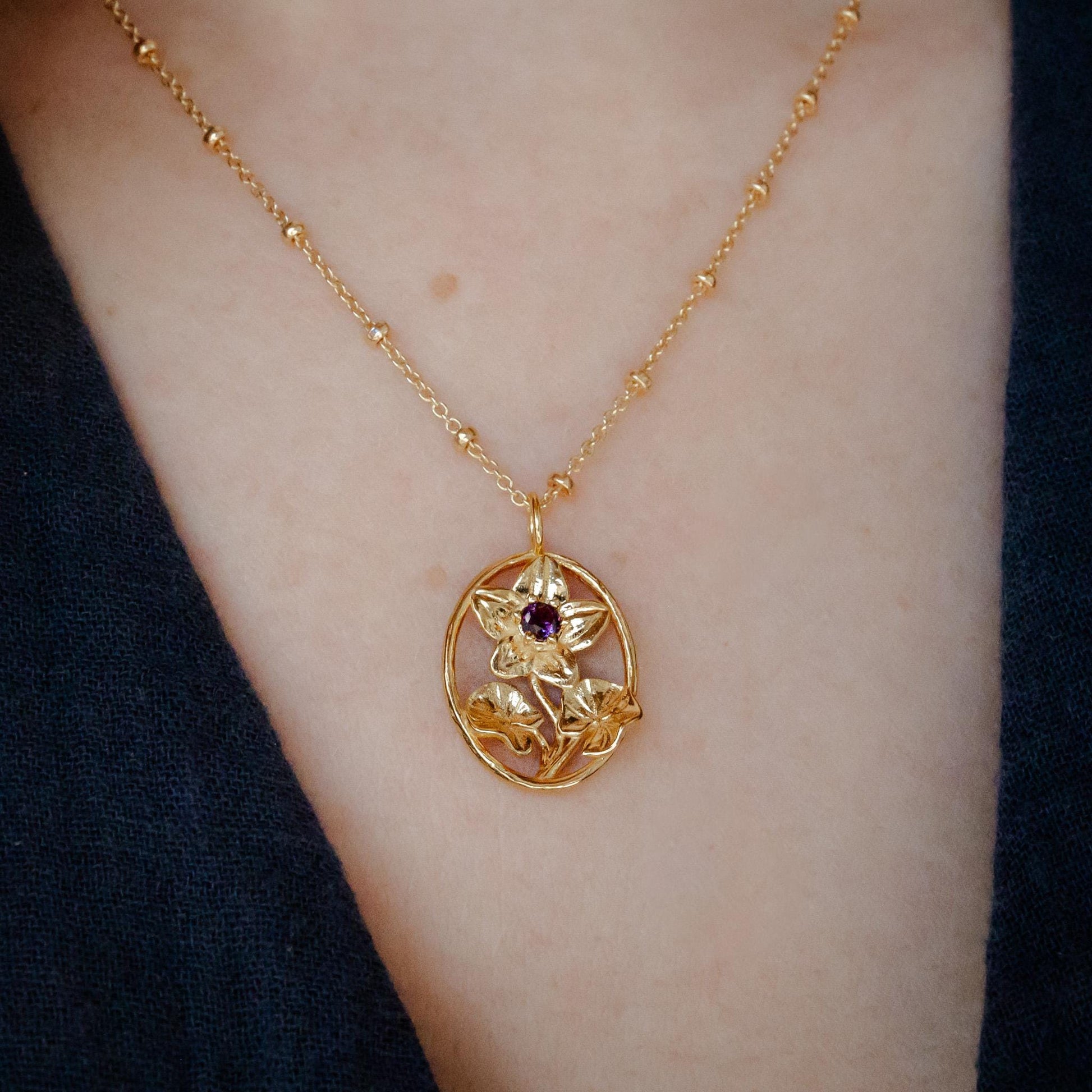 Violet Flower Necklace - 14K Gold Plate with a Beaded Gold Filled chain- Personalized Jewelry - February Birth Month Flower Gift,