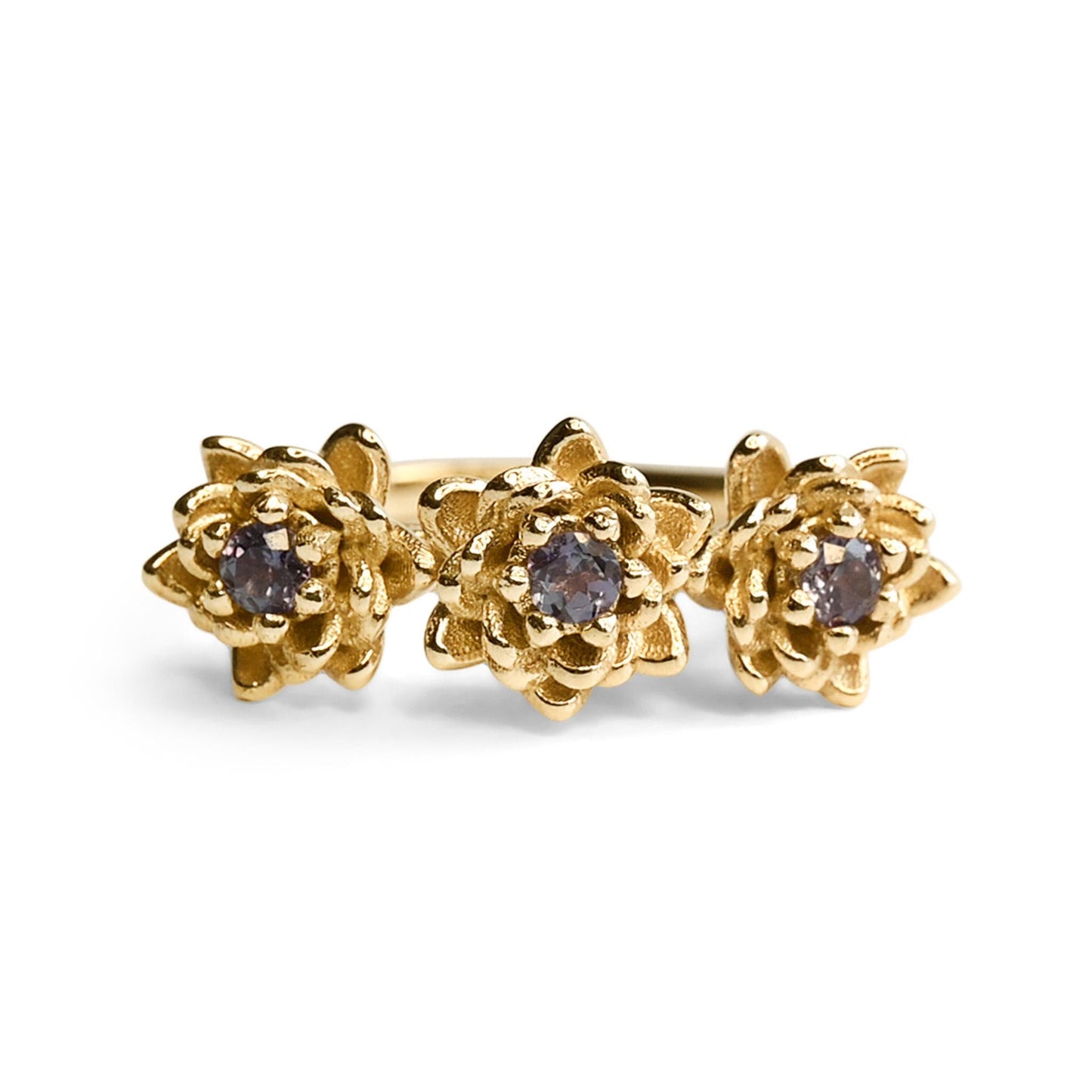 Water Lily or Lotus Flower three-stone Alexandrite Ring in Solid 14k Gold Size 6.25