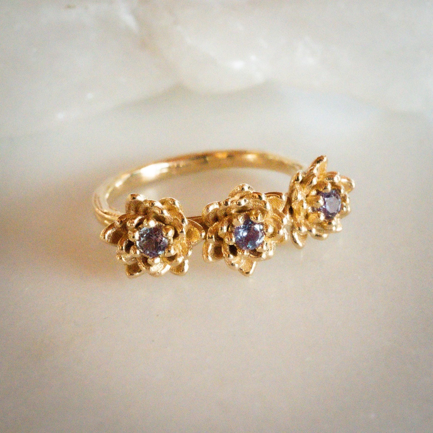 Water Lily or Lotus Flower three-stone Alexandrite Ring in Solid 14k Gold Size 6.25