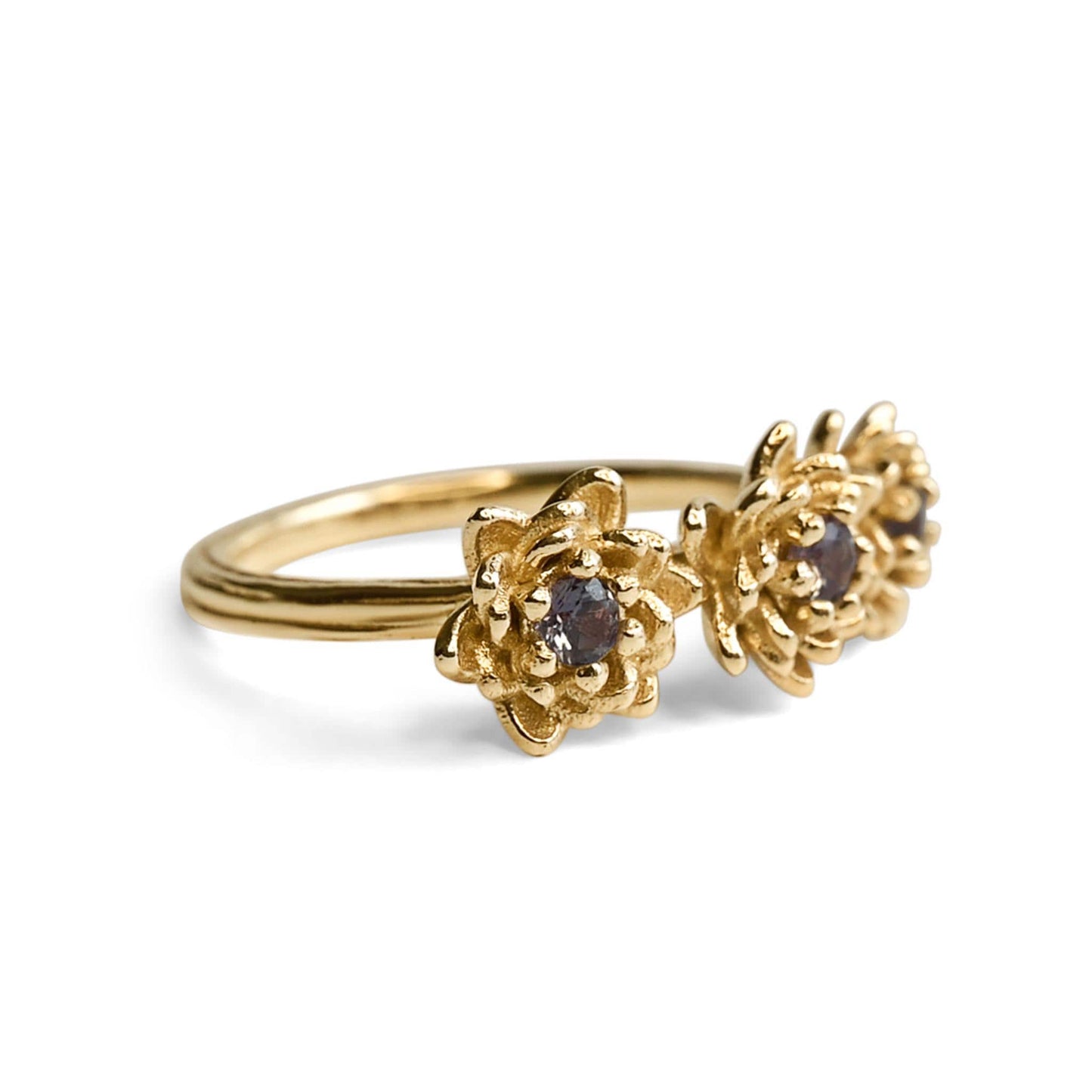 Water Lily or Lotus Flower three-stone Alexandrite Ring in Solid 14k Gold Size 6.25