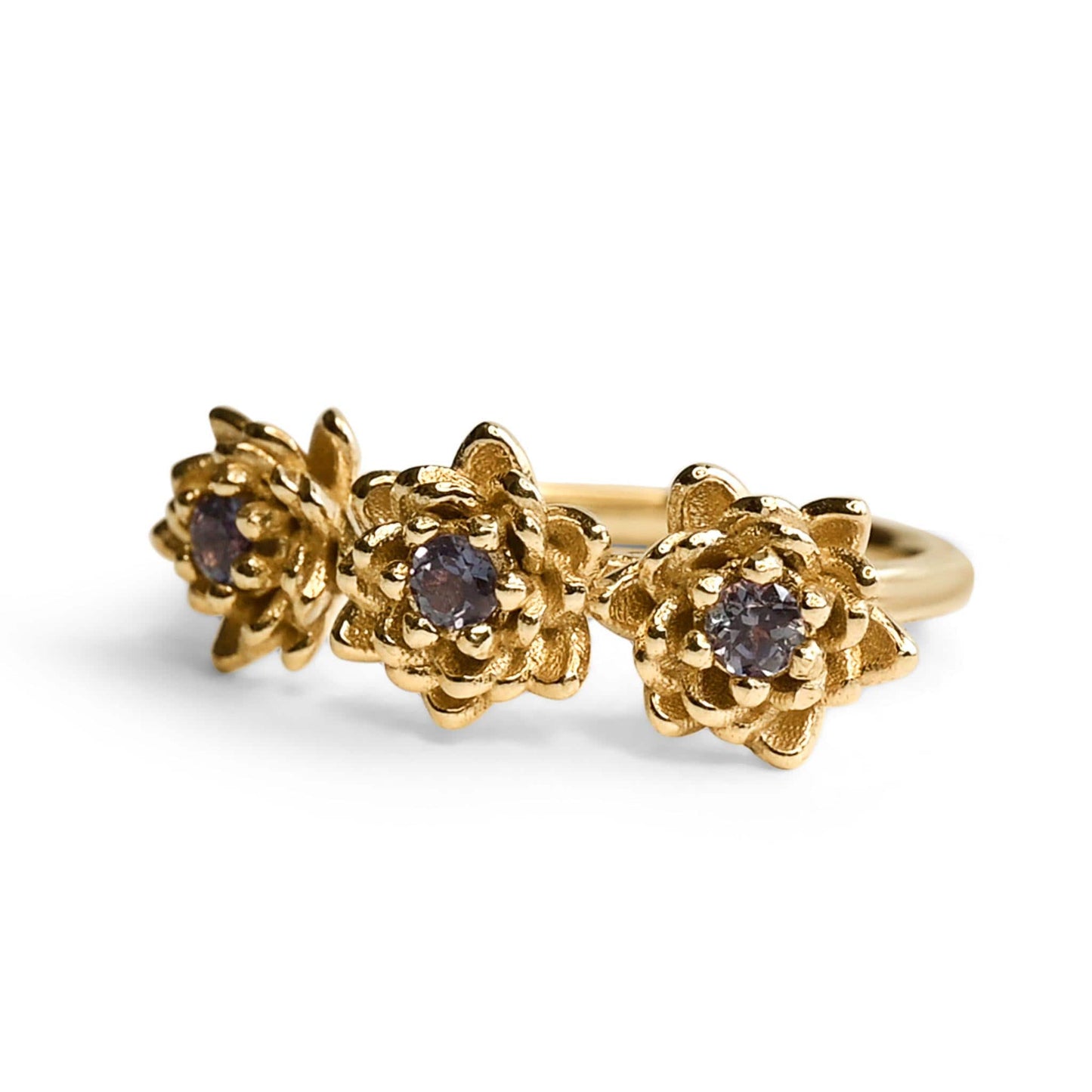 Water Lily or Lotus Flower three-stone Alexandrite Ring in Solid 14k Gold Size 6.25