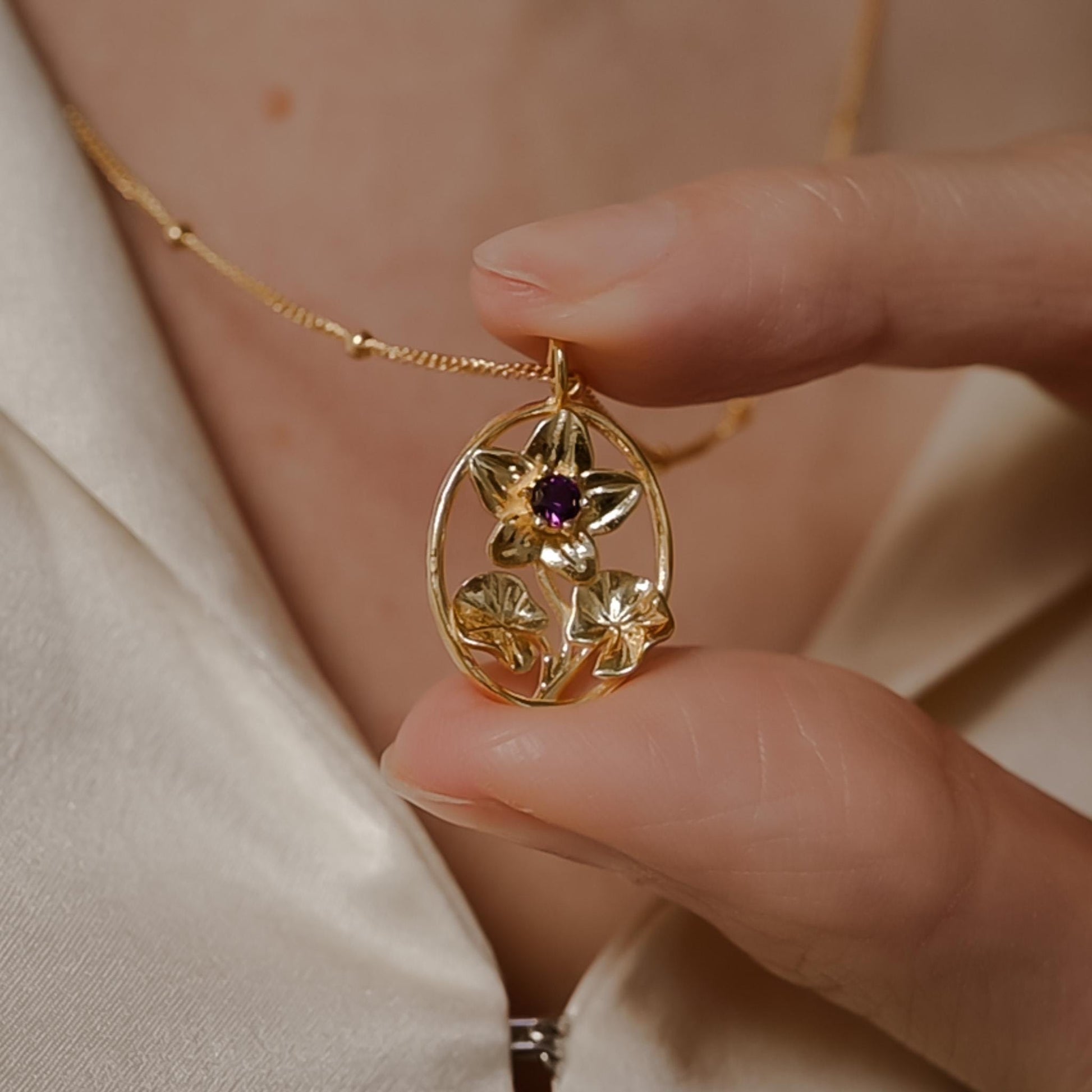 Violet Flower Necklace - 14K Gold Plate with a Beaded Gold Filled chain- Personalized Jewelry - February Birth Month Flower Gift,