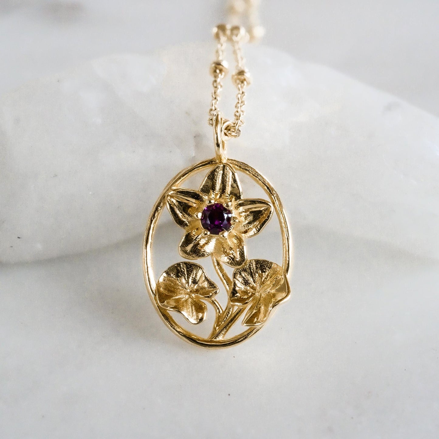 Violet Flower Necklace - 14K Gold Plate with a Beaded Gold Filled chain- Personalized Jewelry - February Birth Month Flower Gift,