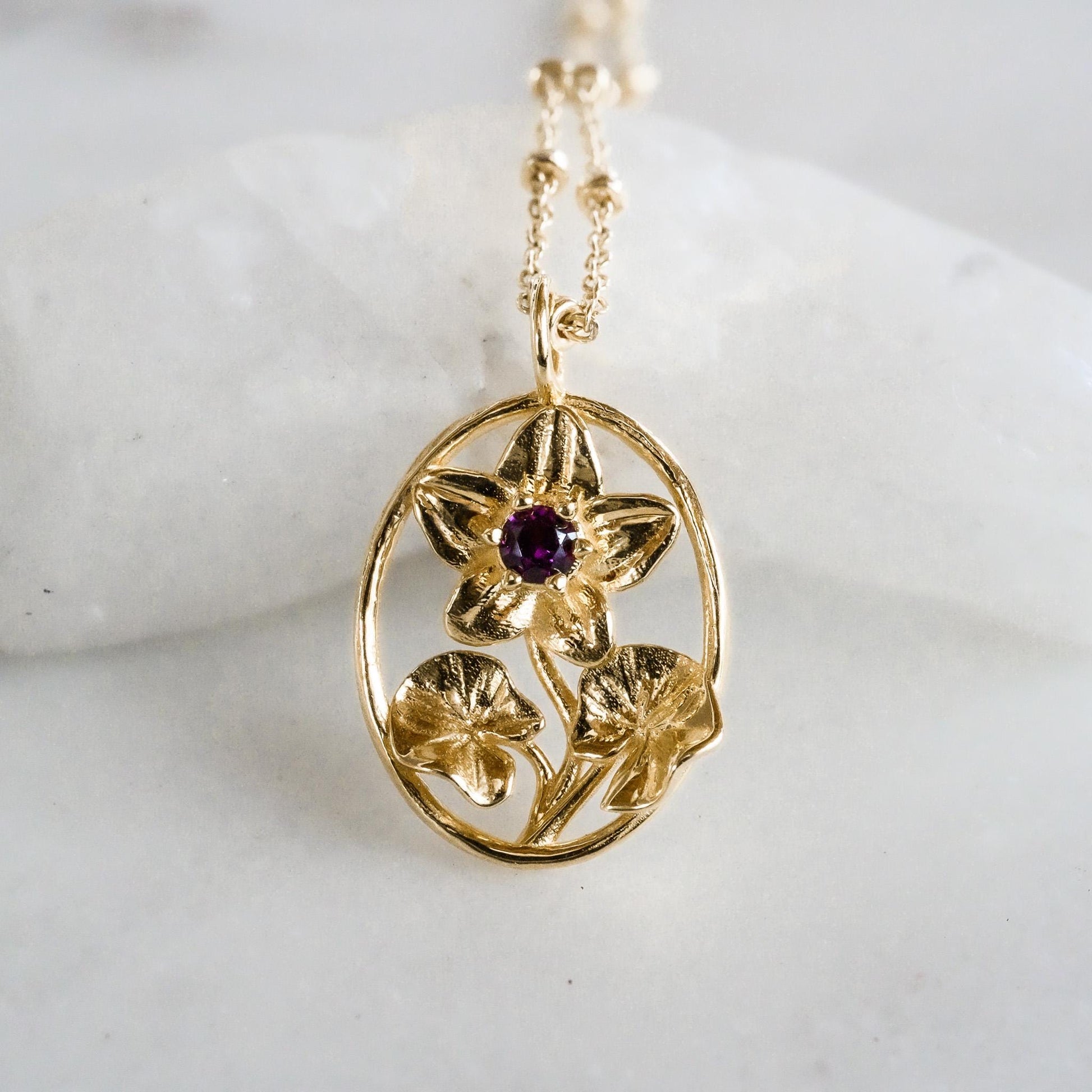Violet Flower Necklace - 14K Gold Plate with a Beaded Gold Filled chain- Personalized Jewelry - February Birth Month Flower Gift,