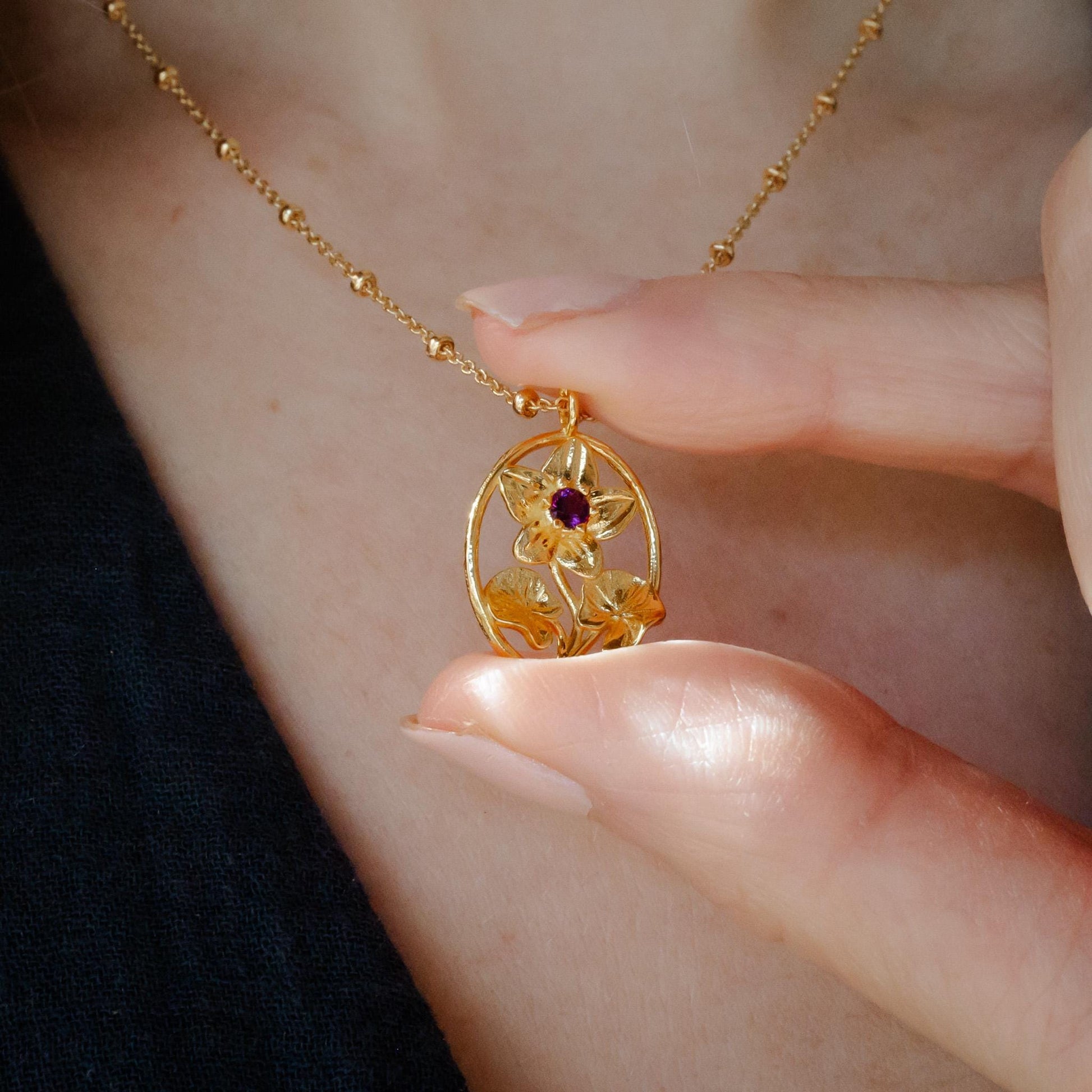 Violet Flower Necklace - 14K Gold Plate with a Beaded Gold Filled chain- Personalized Jewelry - February Birth Month Flower Gift,