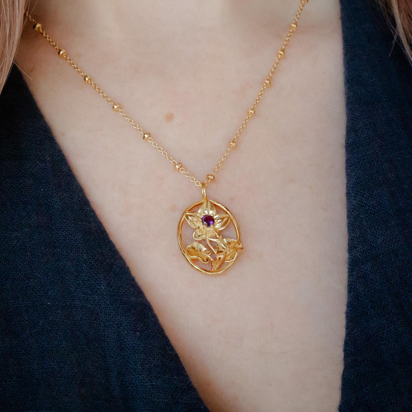 Violet Flower Necklace - 14K Gold Plate with a Beaded Gold Filled chain- Personalized Jewelry - February Birth Month Flower Gift,
