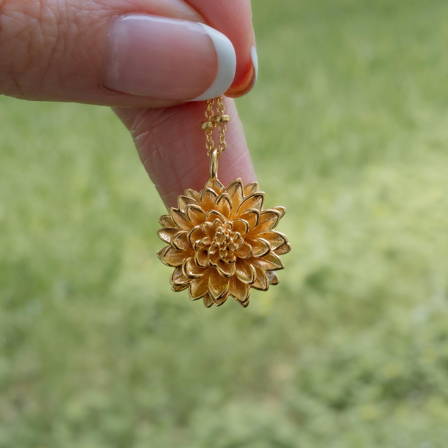 Dahlia Flower Necklace, with gold filled beaded satellite chain