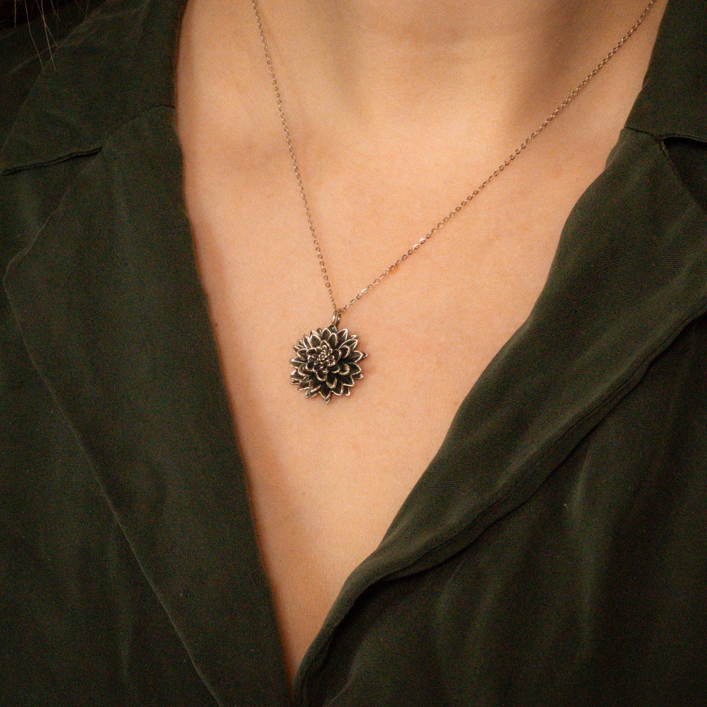 Dahlia Flower Necklace with Solid Silver Cable Chain