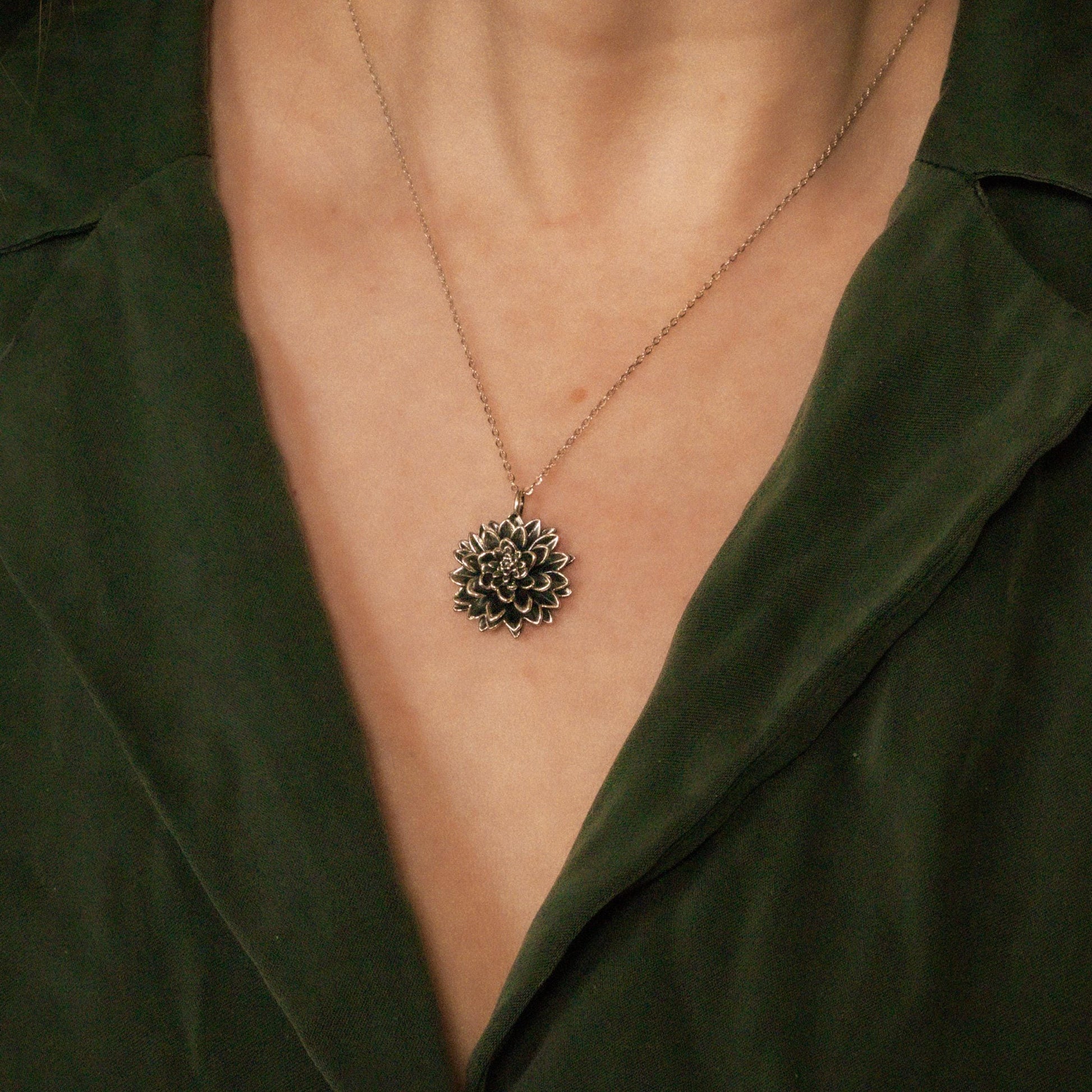 Dahlia Flower Necklace with Solid Silver Cable Chain