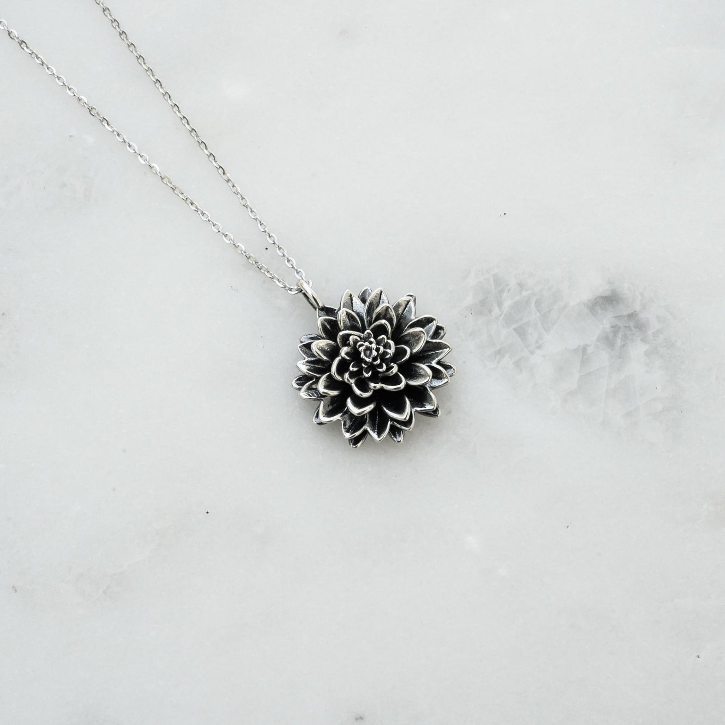 Dahlia Flower Necklace with Solid Silver Cable Chain