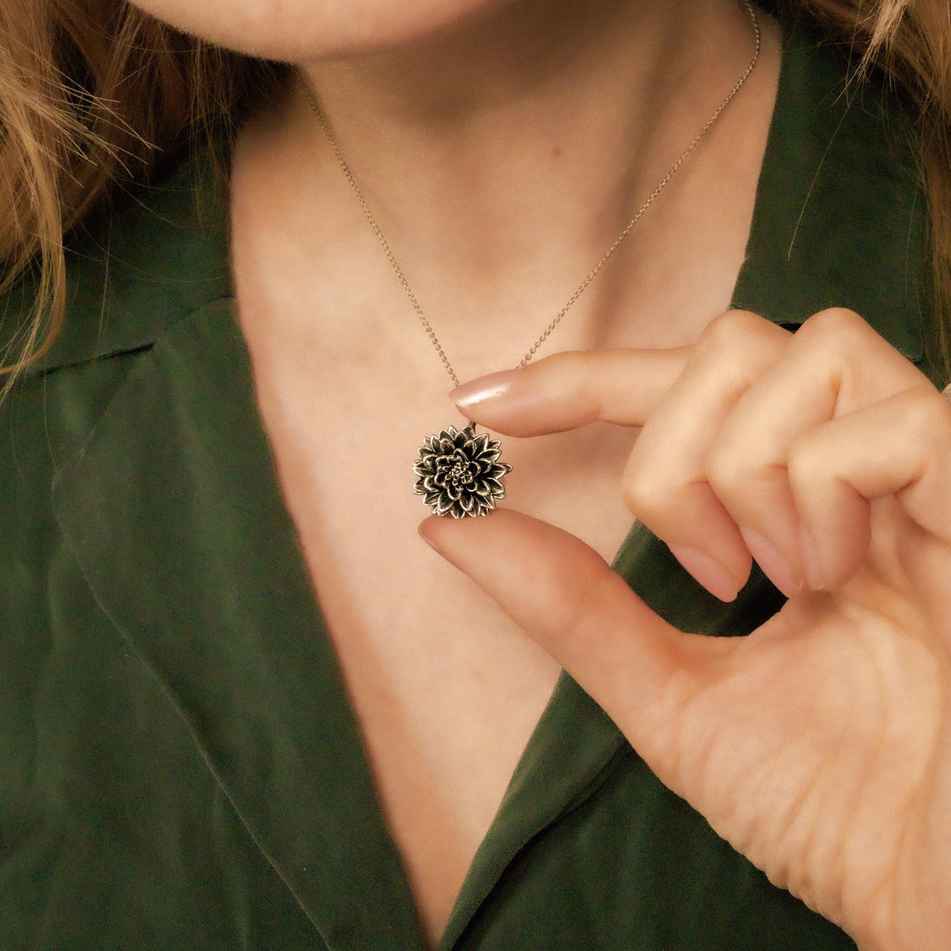 Dahlia Flower Necklace with Solid Silver Cable Chain
