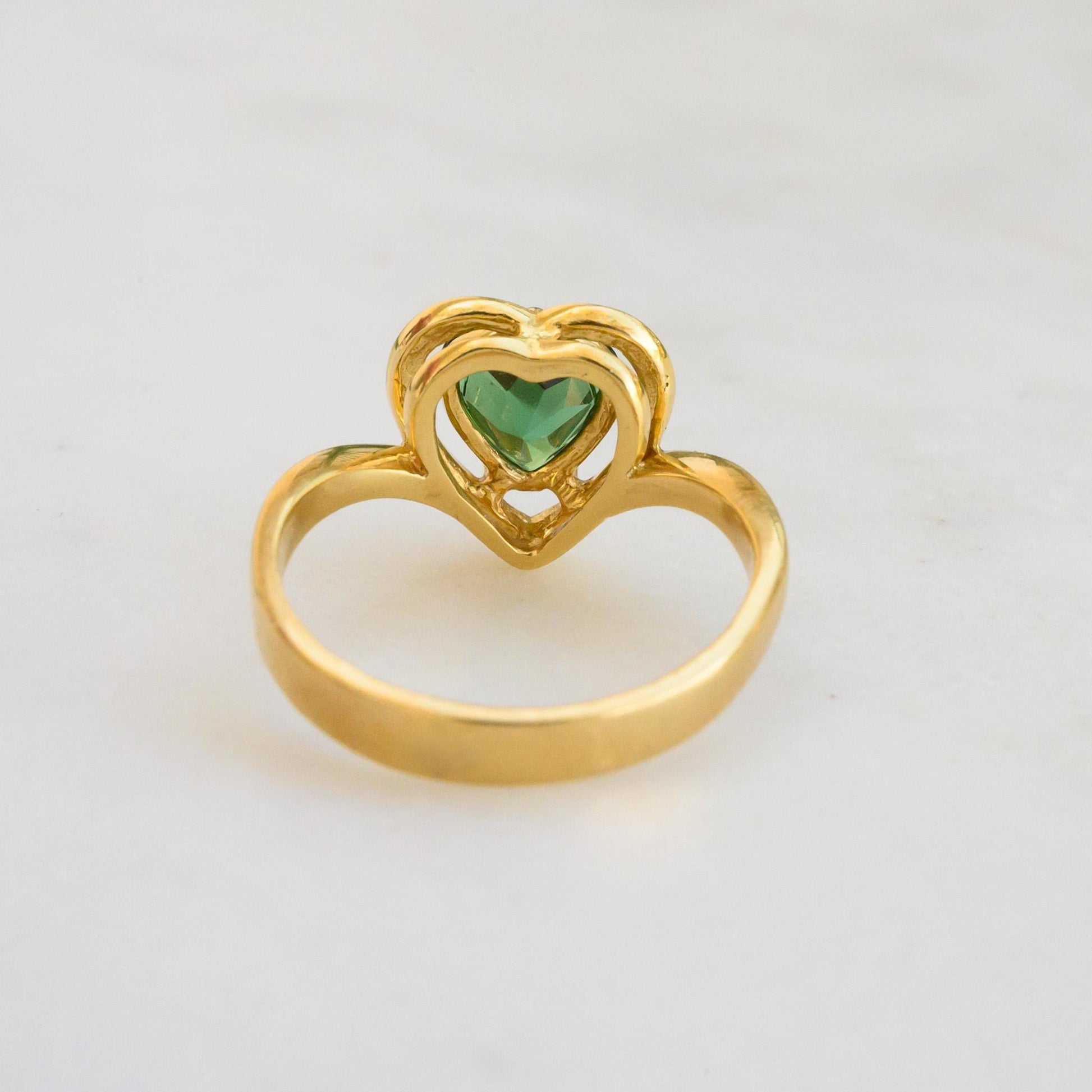 18K Solid Gold Heart Shaped Green Tourmaline Ring size 5.75, Estate Sale Jewelry Vintage Jewelry Valentines Gift