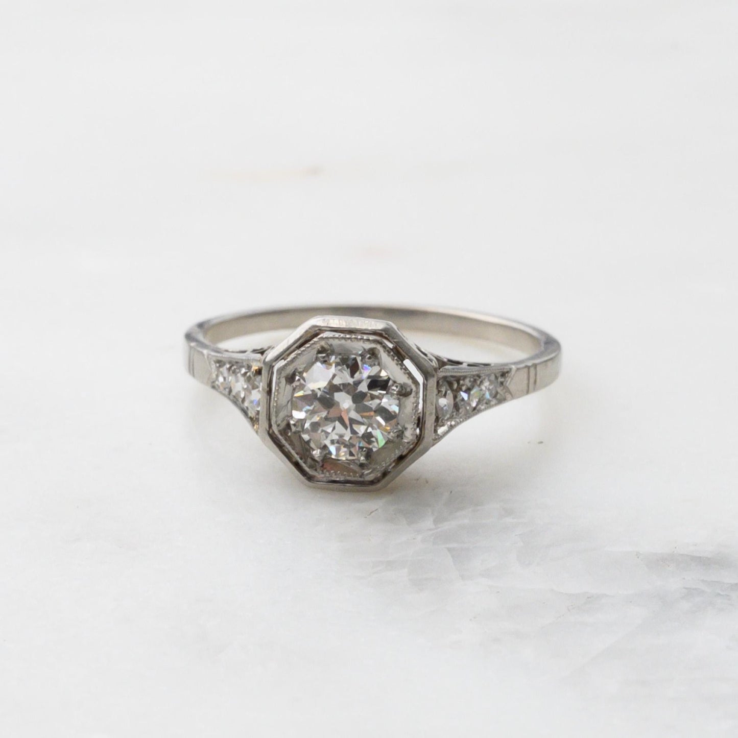 Vintage 1940s Platinum Diamond Engagement Ring - .55 CTW Antique Solitaire Ring - Size 5.75 - Art Deco Style