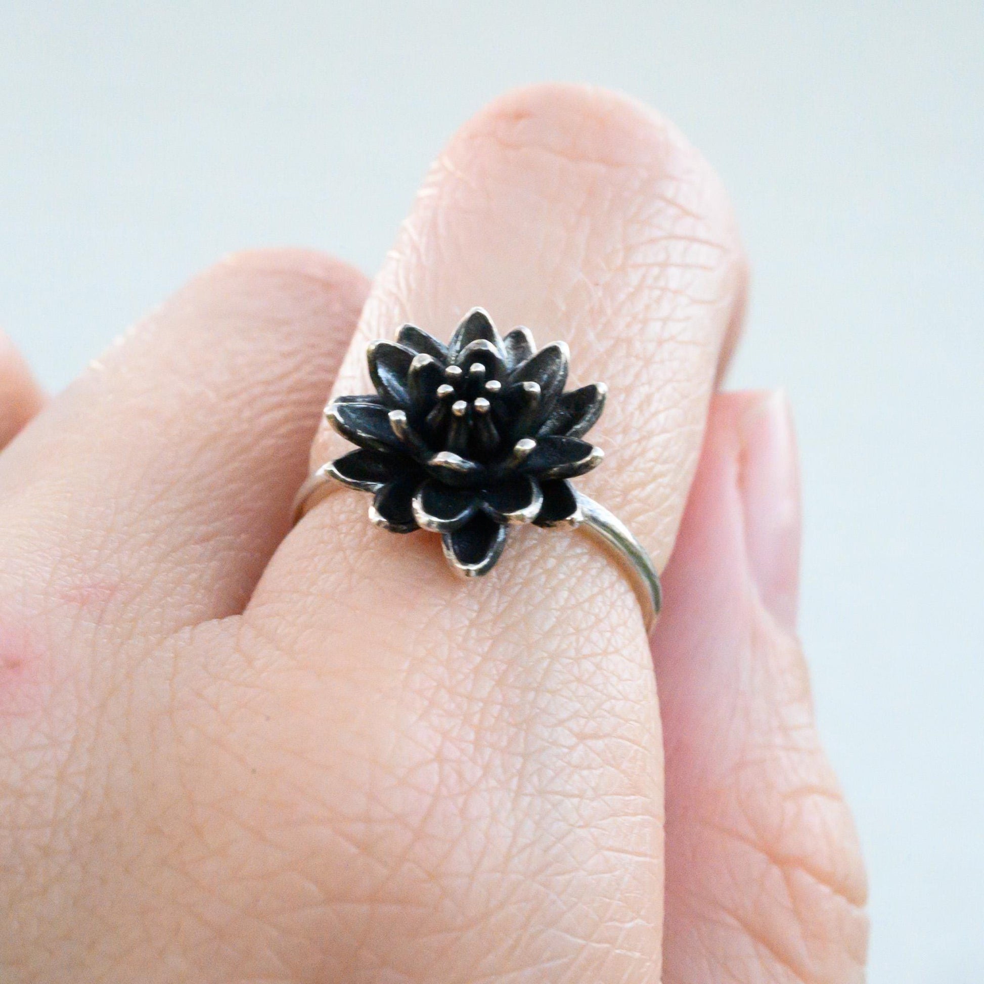 Antiqued Silver Lotus Ring, Size 6 – 14mm Water Lily Flower Jewelry