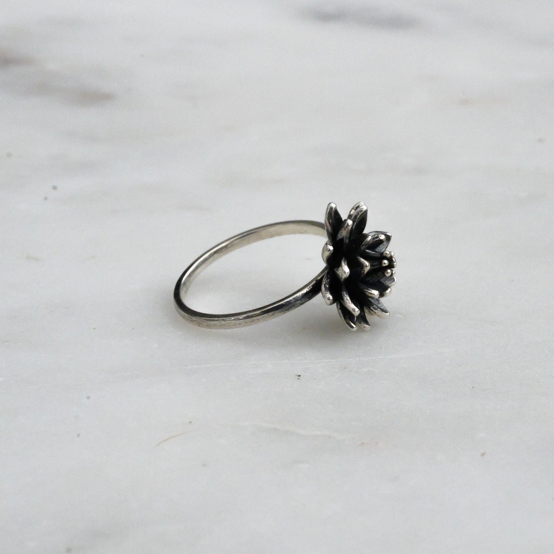 Antiqued Silver Lotus Ring, Size 6 – 14mm Water Lily Flower Jewelry