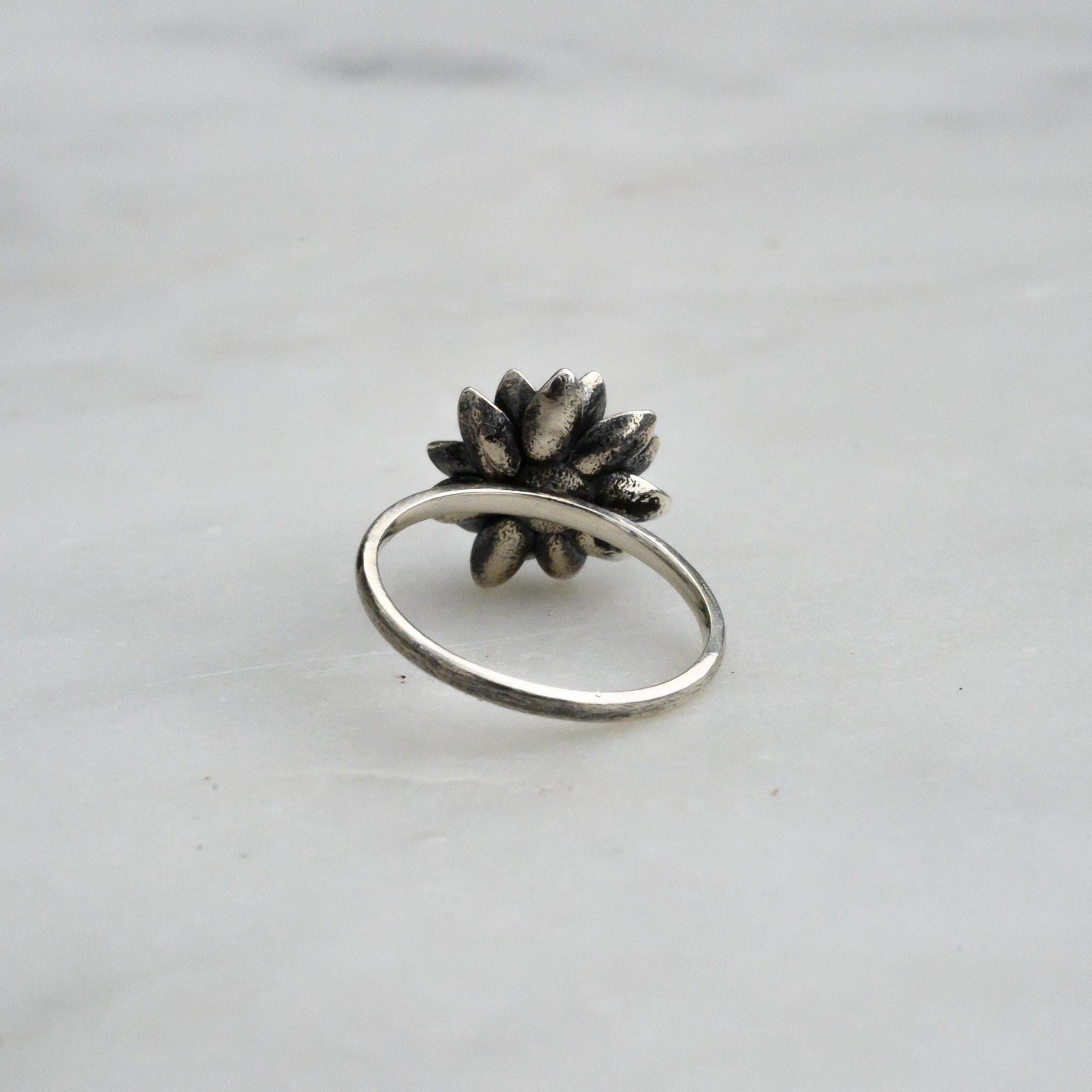Antiqued Silver Lotus Ring, Size 6 – 14mm Water Lily Flower Jewelry