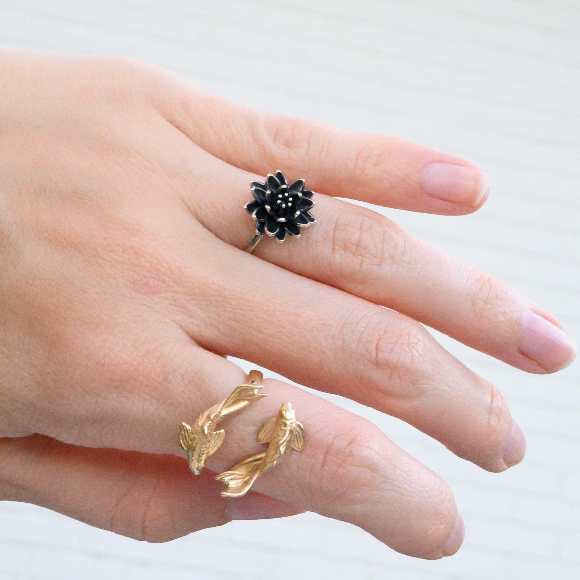 Antiqued Silver Lotus Ring, Size 6 – 14mm Water Lily Flower Jewelry