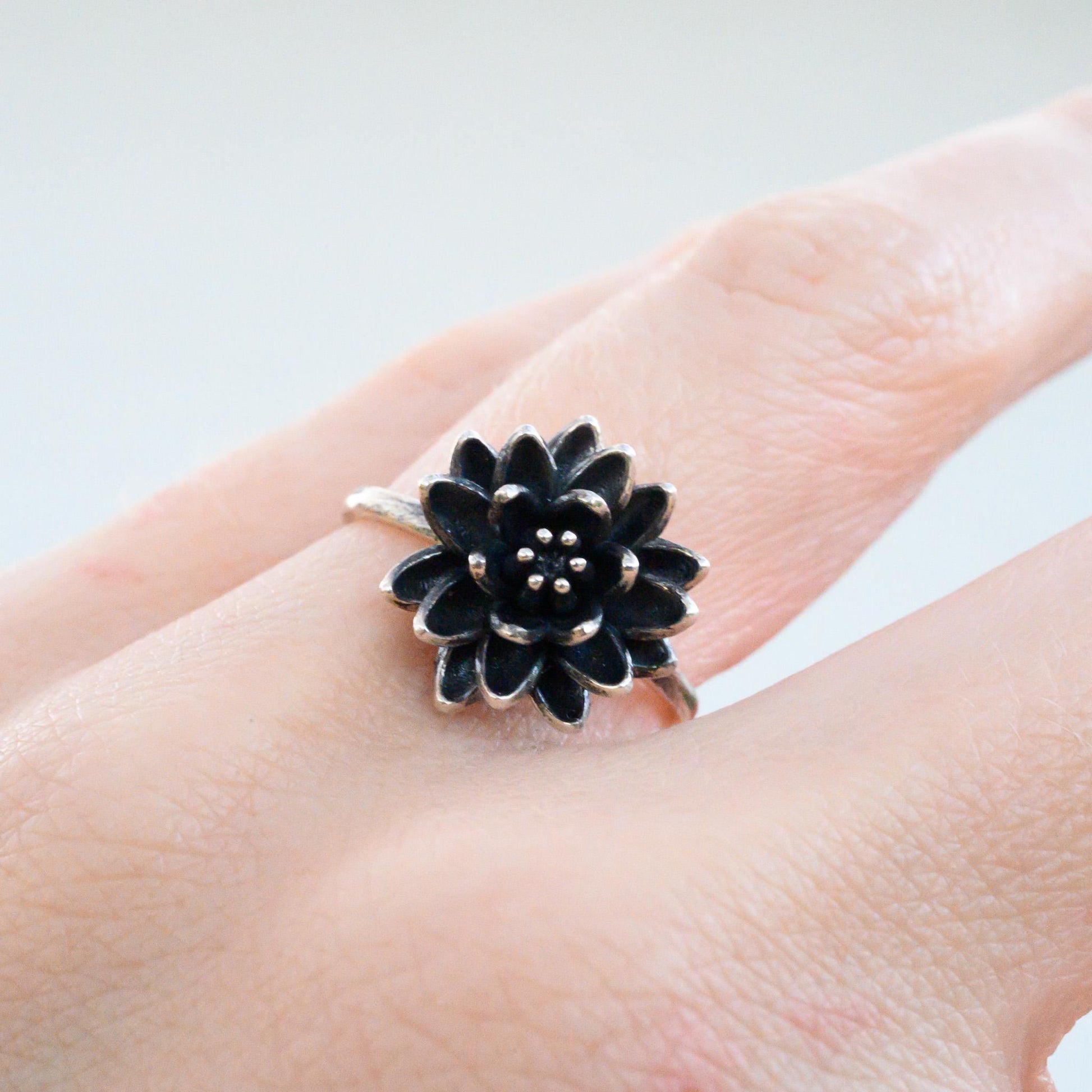 Antiqued Silver Lotus Ring, Size 6 – 14mm Water Lily Flower Jewelry