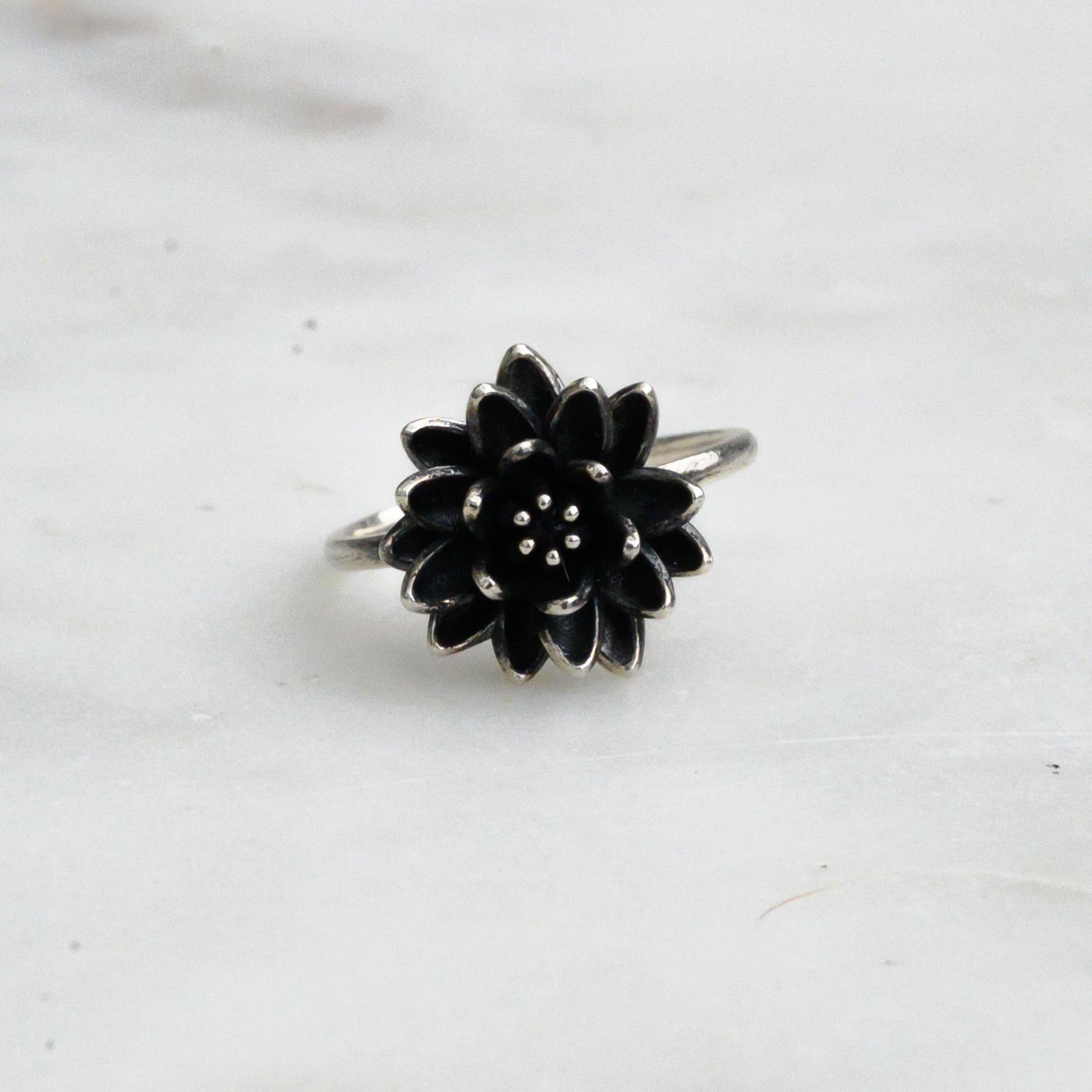 Antiqued Silver Lotus Ring, Size 6 – 14mm Water Lily Flower Jewelry