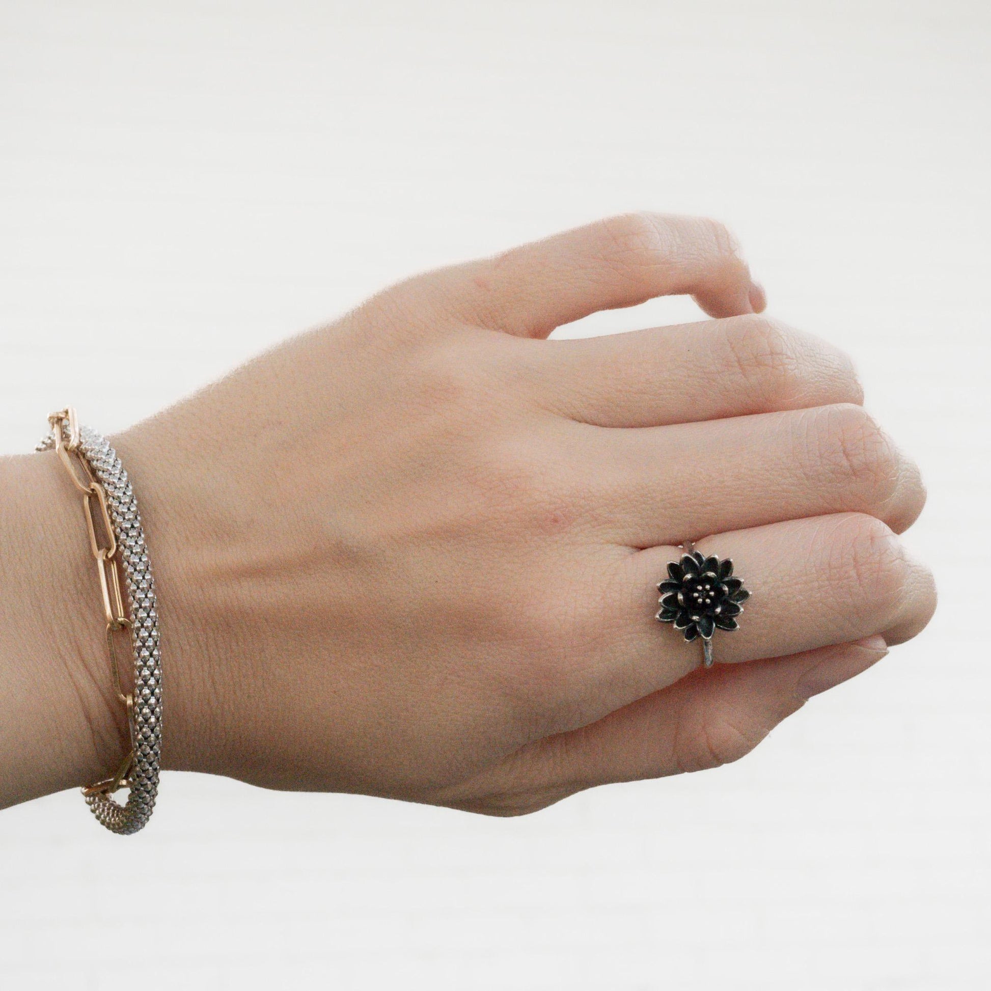 Antiqued Silver Lotus Ring, Size 6 – 14mm Water Lily Flower Jewelry